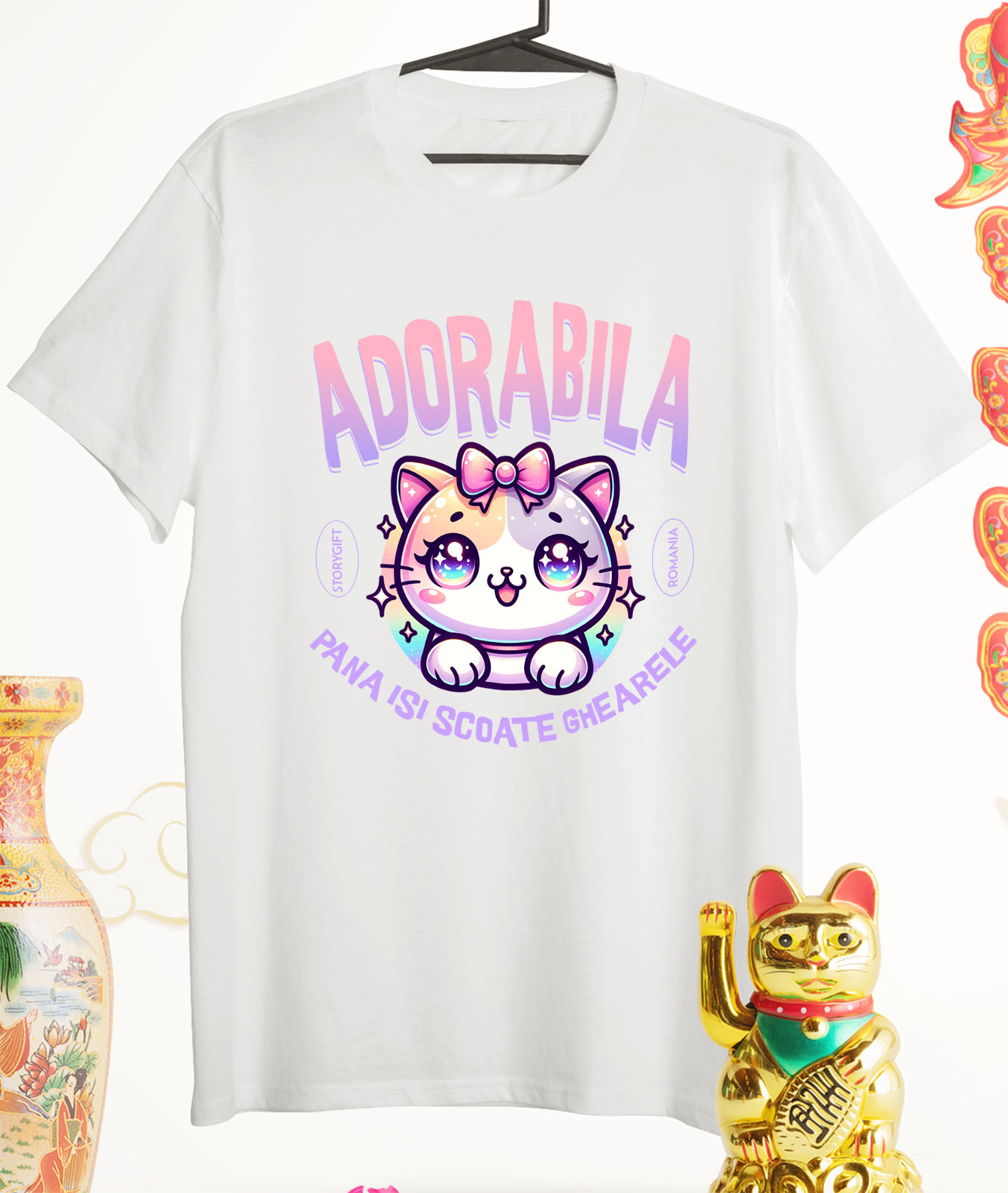 Tricou Femei, Barbati, Copii, Fata, Baiat, Unisex Personalizat Pisica Multicoloră Cu Funda Și Ochii Strălucitori „Adorabilă Până Își Scoate Ghearele” – Cadou Amuzant Pentru Iubitorii De Pisici [2]