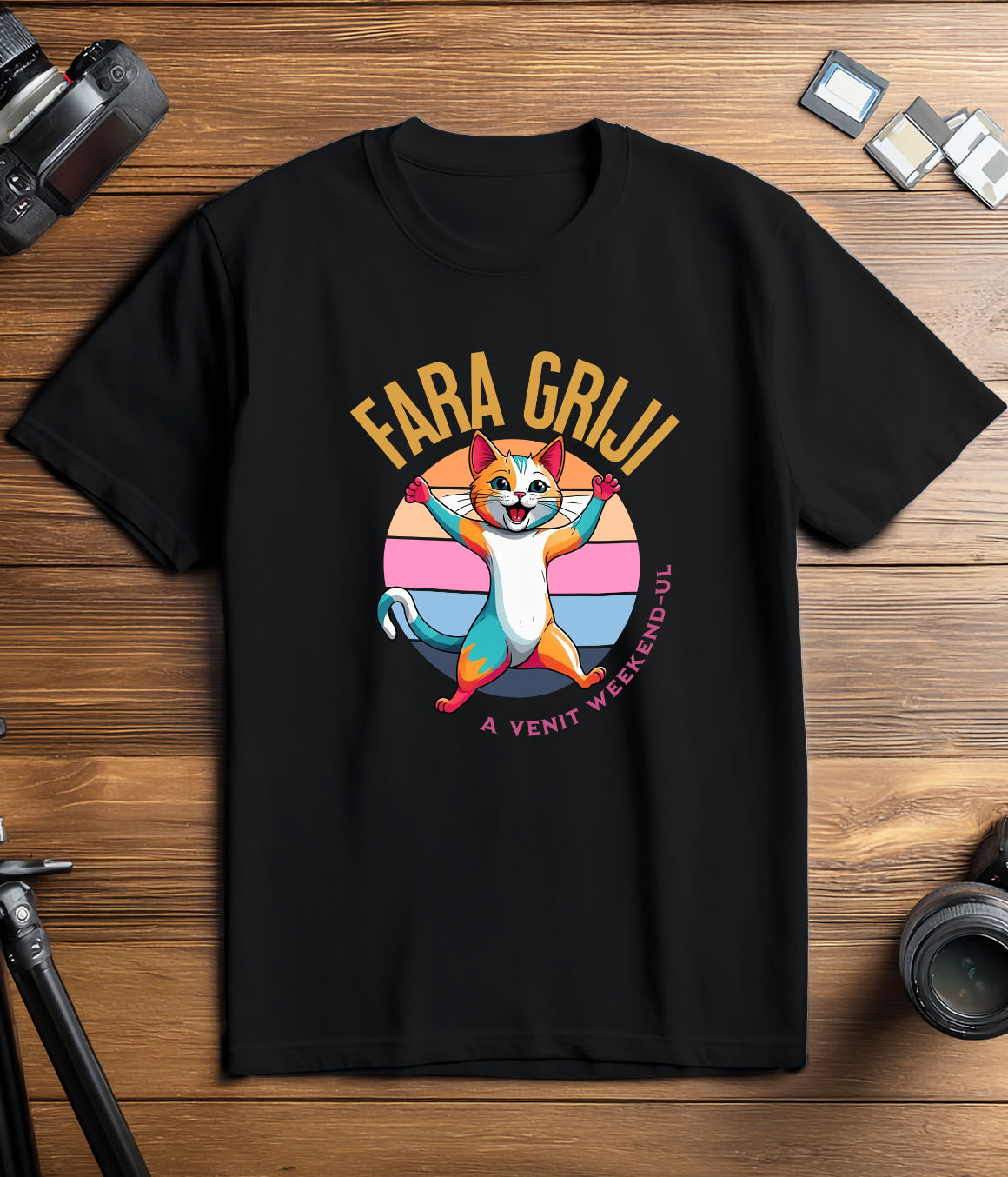 Tricou Femei, Barbati, Copii, Fata, Baiat, Unisex Personalizat Pisica Colorată Veselă „Fără Griji A Venit Weekend-ul” – Cadou Amuzant Pentru Iubitorii De Pisici [2]