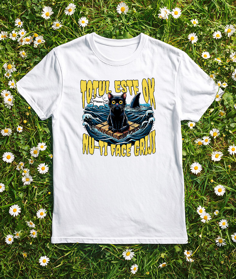 Tricou Femei, Barbati, Copii, Fata, Baiat, Unisex Personalizat Pisica Anxietate Pe Mare Cu Rechini „Totul Este Ok, Nu-ți Face Griji” – Cadou Amuzant Pentru Iubitorii De Pisici [2]