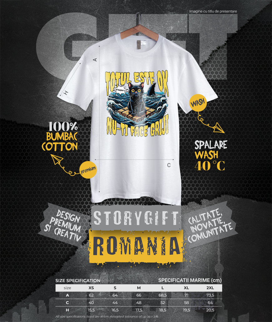 Tricou Femei, Barbati, Copii, Fata, Baiat, Unisex Personalizat Pisica Anxietate Pe Mare Cu Rechini „Totul Este Ok, Nu-ți Face Griji” – Cadou Amuzant Pentru Iubitorii De Pisici [3]