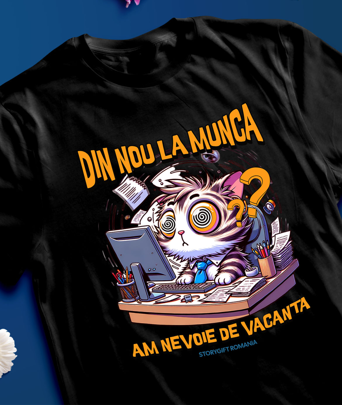 Tricou Femei, Barbati, Copii, Fata, Baiat, Unisex Personalizat Pisica Haioasă La Birou „Din Nou La Muncă, Am Nevoie De O Vacanță” – Cadou Amuzant Pentru Iubitorii De Pisici [2]