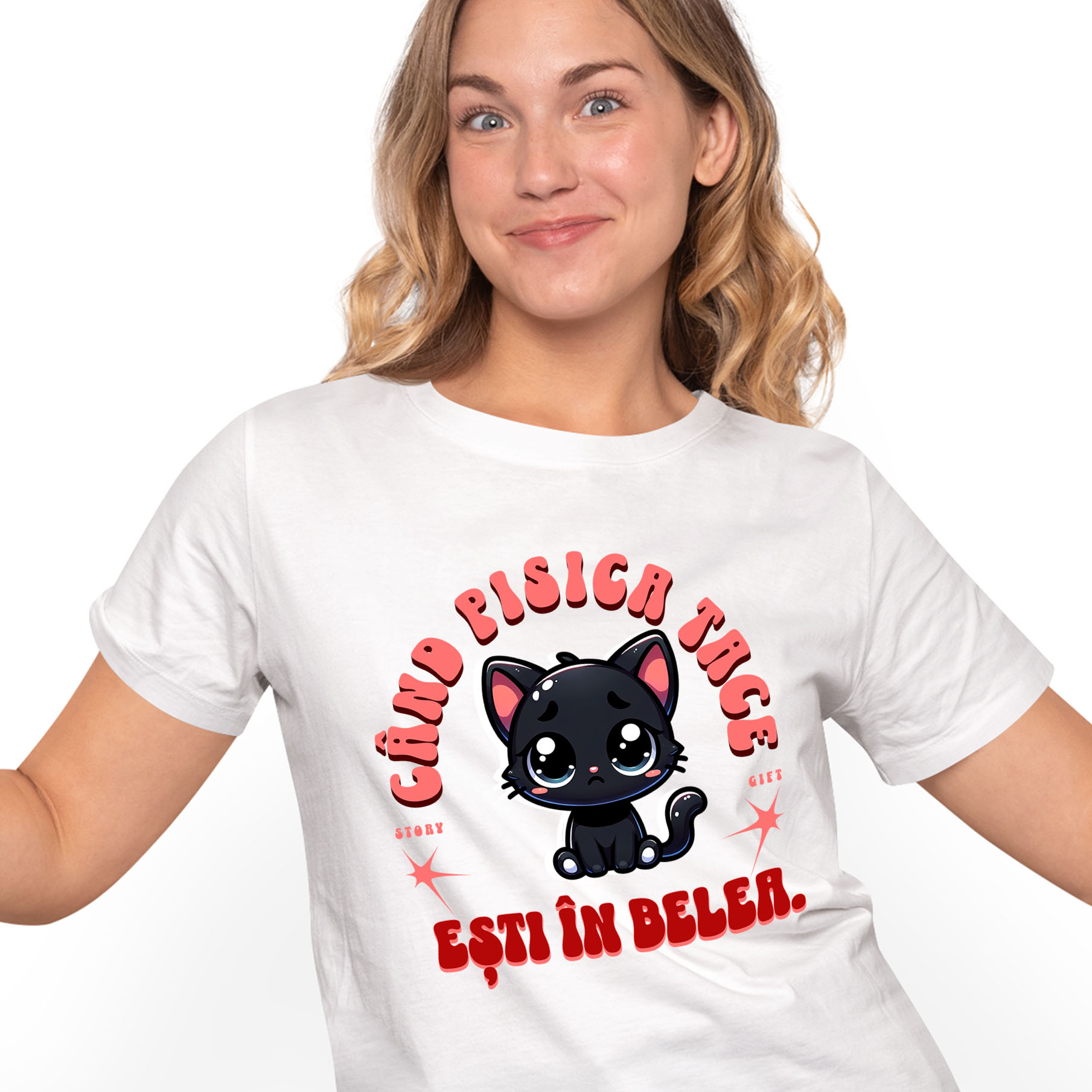 Tricouri - Tricou Femei, Barbati, Copii, Fata, Baiat, Unisex Personalizat Pisica Neagră Tristă „Când Pisica Tace Esti În Belea” – Cadou Amuzant Pentru Iubitorii De Pisici