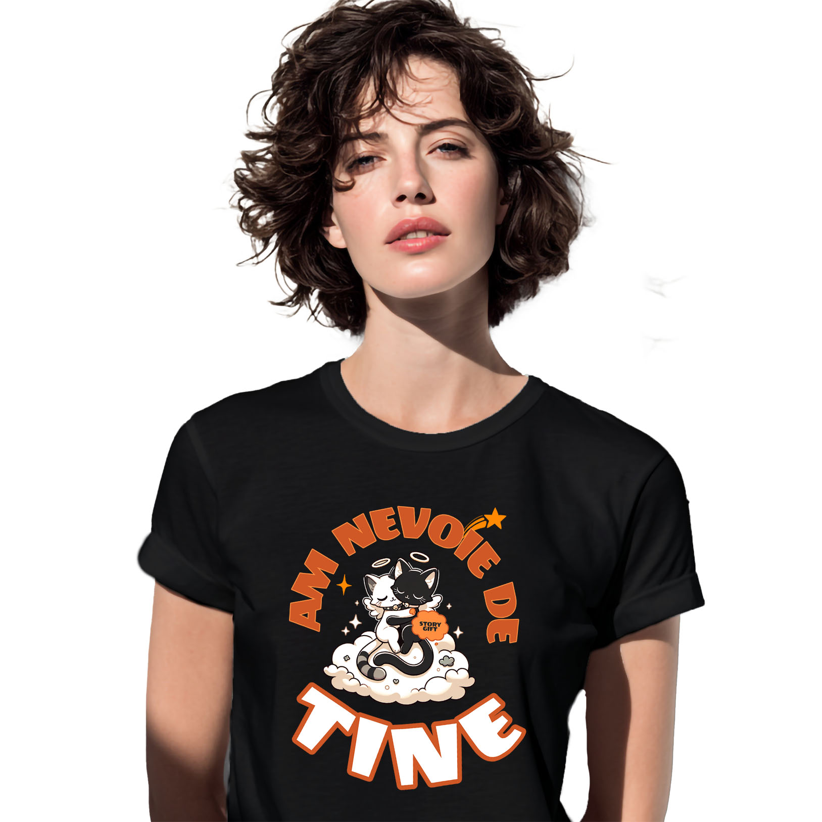 Tricouri - Tricou Femei, Barbati, Copii, Fata, Baiat, Unisex Personalizat Cuplu Pisici Îngeri Pe Nor Pufos „Am Nevoie De Tine” – Cadou Romantic De Valentine's Day