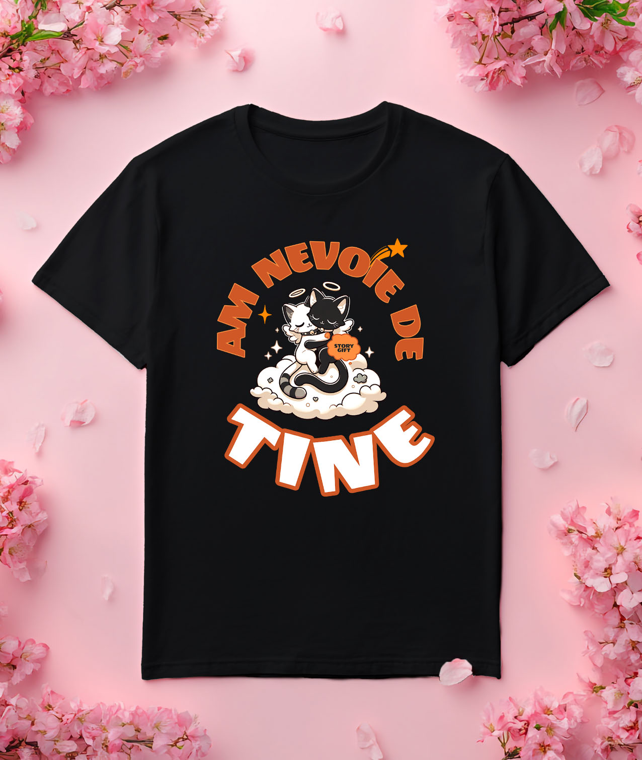 Tricou Femei, Barbati, Copii, Fata, Baiat, Unisex Personalizat Cuplu Pisici Îngeri Pe Nor Pufos „Am Nevoie De Tine” – Cadou Romantic De Valentine's Day [2]