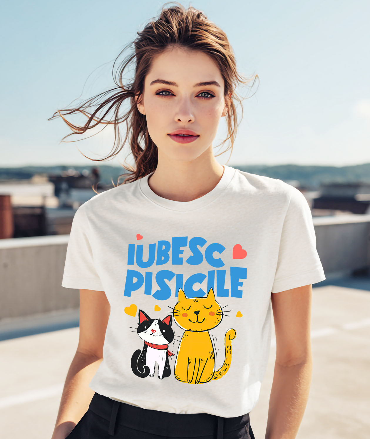 Tricou Femei, Barbati, Copii, Fata, Baiat, Unisex Personalizat Portret Două Pisici Portocalie și Neagră „Iubesc Pisicile” – Cadou Personalizat Pentru Iubitorii De Pisici [1]