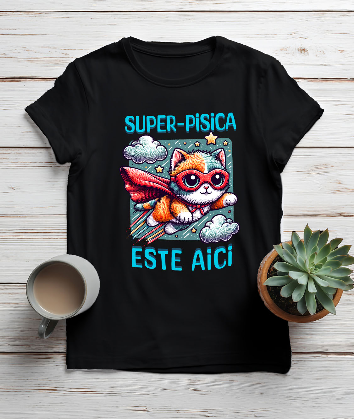 Tricou Femei, Barbati, Copii, Fata, Baiat, Unisex Personalizat Super-Pisica Este Aici! Pisica Cu Pelerină și Masca De Super-Erou – Cadou Personalizat Pentru Familie și Copii [2]