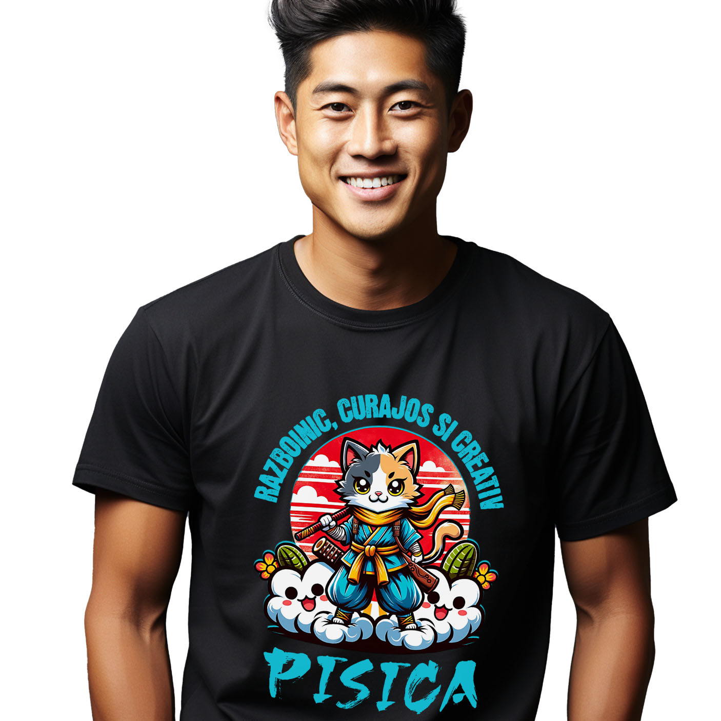 Pisici - Tricou Femei, Barbati, Copii, Fata, Baiat, Unisex Personalizat Pisica Ninja Cu Sabii – Motan Curajos Și Creativ – Cadou Personalizat Pentru Familie, Copii și Tati