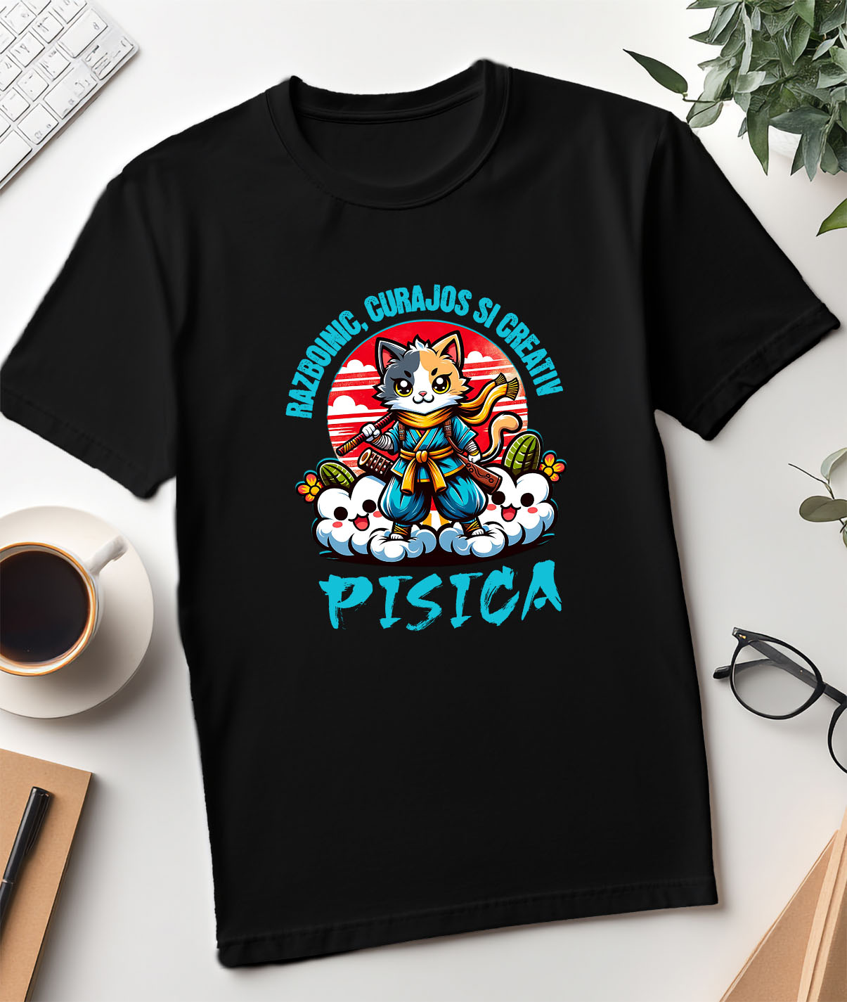Tricou Femei, Barbati, Copii, Fata, Baiat, Unisex Personalizat Pisica Ninja Cu Sabii – Motan Curajos Și Creativ – Cadou Personalizat Pentru Familie, Copii și Tati [2]