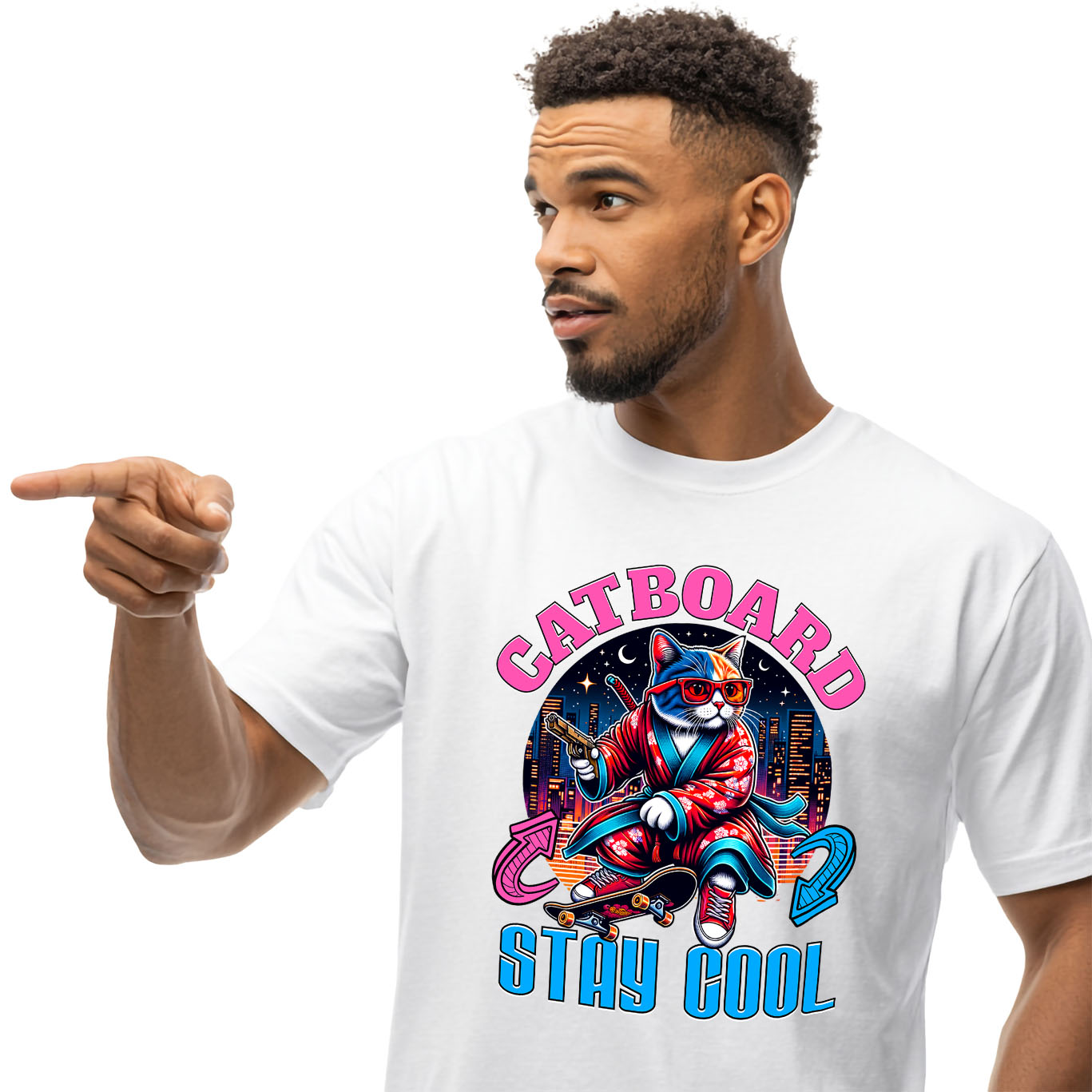 Pisici - Tricou Femei, Barbati, Copii, Fata, Baiat, Unisex Personalizat Pisica Cu Skateboard – Ținută Asiană Urbană – Stay Cool – Cadou Personalizat Pentru Familie și Iubitorii De Pisici