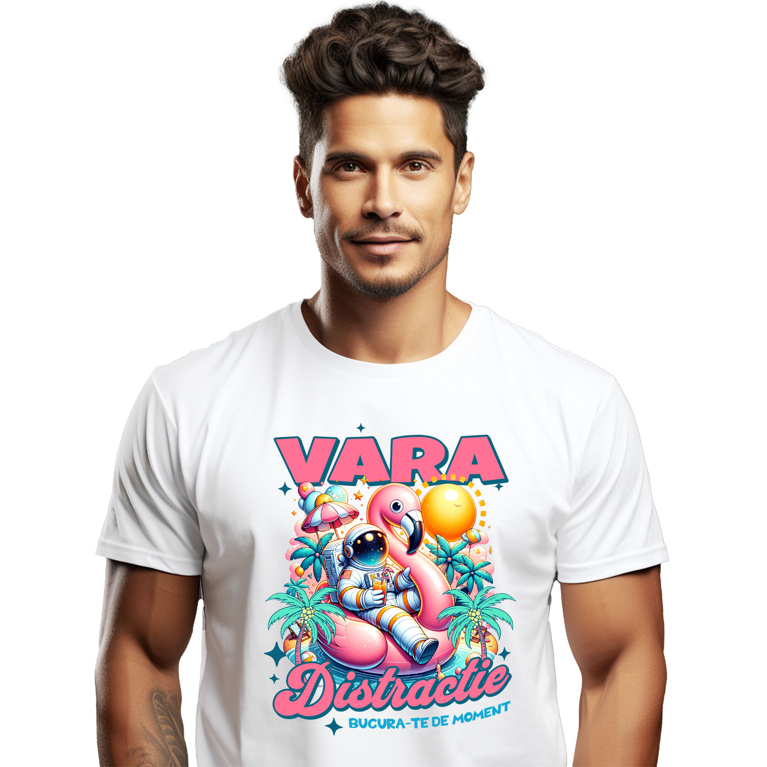 Plaja - Tricou Femei, Barbati, Copii, Fata, Baiat, Unisex Personalizat Costum Astronaut La Plaja Colac Pasăre Flamingo – Cadouri Personalizate Pentru Familie, Copii și Tati