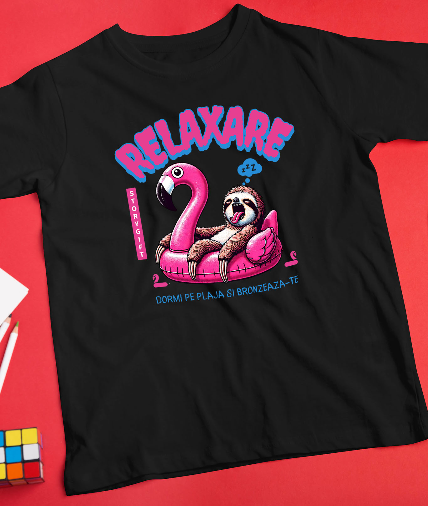 Tricou Femei, Barbati, Copii, Fata, Baiat, Unisex Personalizat Animal Leneș Pe Flamingo – Cadou Personalizat Amuzant Pentru Relaxare [2]