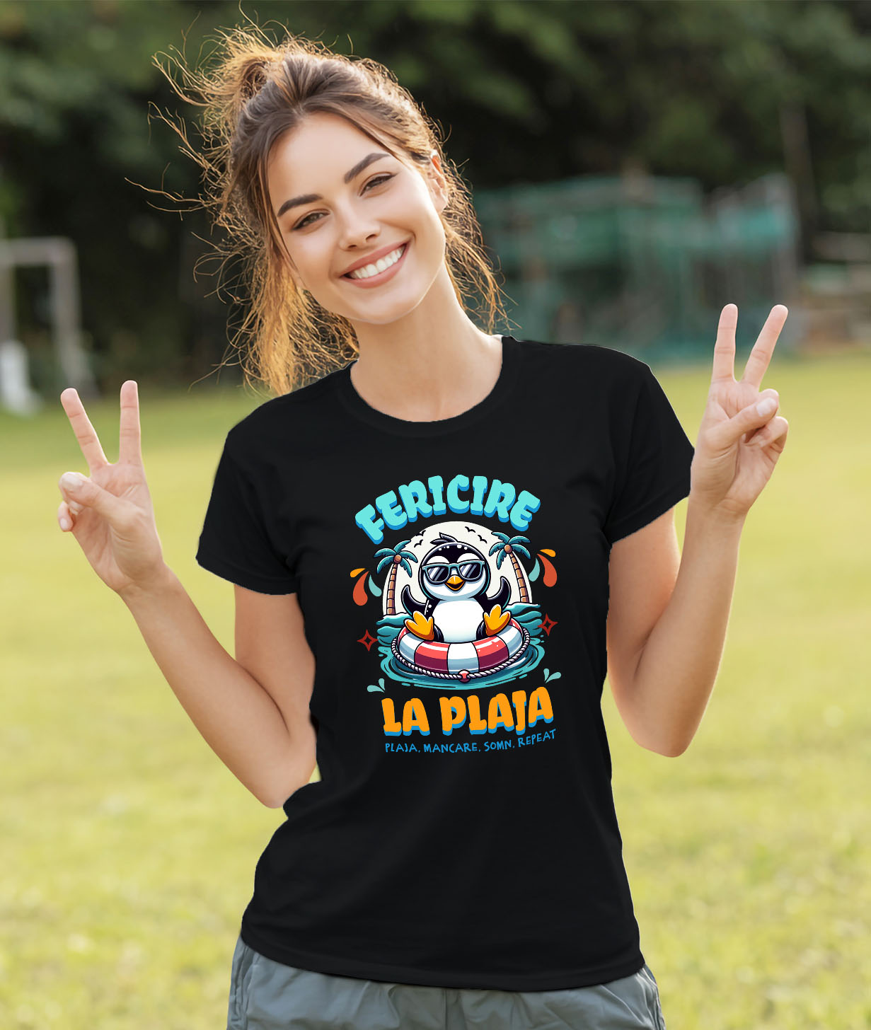 Tricou Femei, Barbati, Copii, Fata, Baiat, Unisex Personalizat "Produse personalizate pentru vacanță – Pinguin cu ochelari de soare pe plaja tropicala pentru familie și copii" [1]