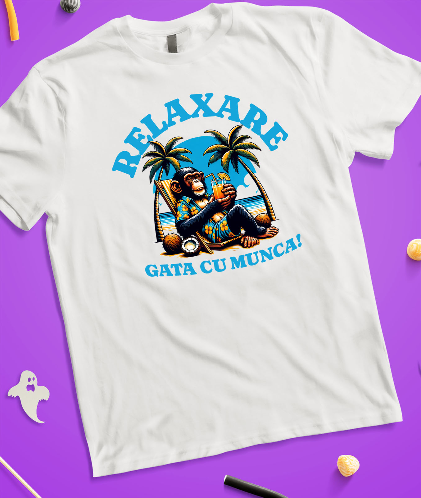 Tricou Femei, Barbati, Copii, Fata, Baiat, Unisex Personalizat "Produse personalizate pentru vacanță – Maimuță în costum de plajă cu flori pe sezlong și băutură răcoritoare" [2]