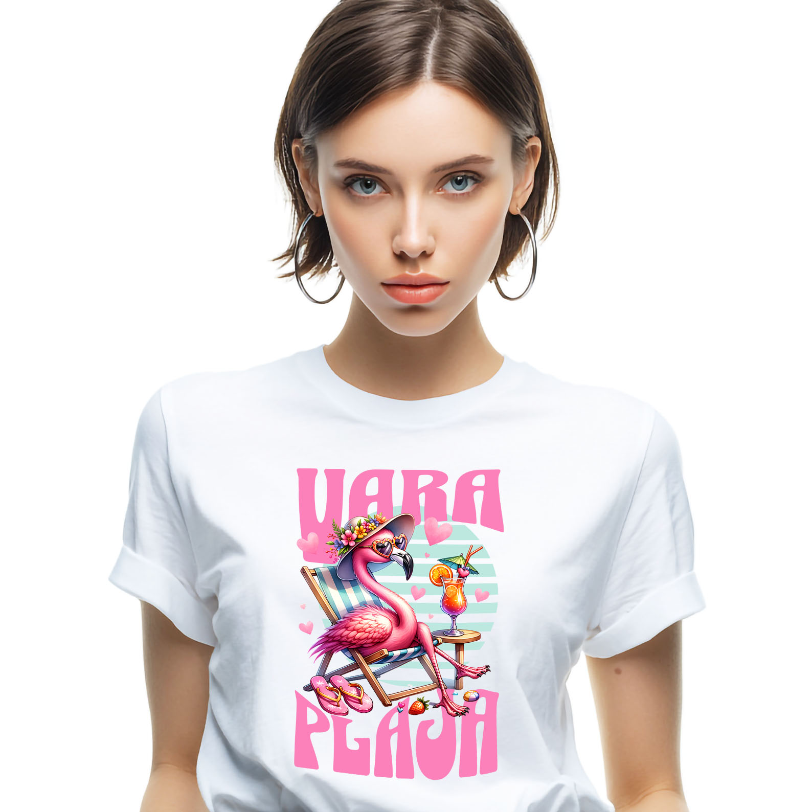 Tricou Femei, Barbati, Copii, Fata, Baiat, Unisex Personalizat "Produse personalizate pentru vară – Flamingo roz cu pălărie florală și cocktail pentru vacanță la plajă"