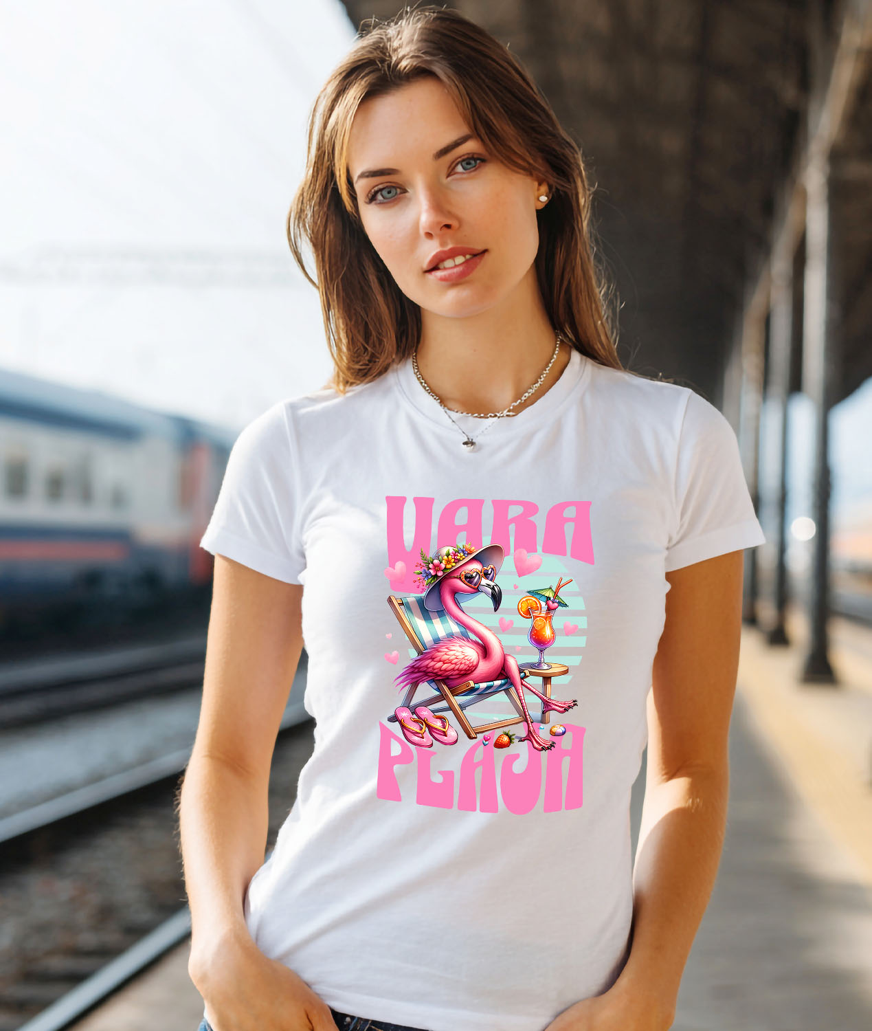 Tricou Femei, Barbati, Copii, Fata, Baiat, Unisex Personalizat "Produse personalizate pentru vară – Flamingo roz cu pălărie florală și cocktail pentru vacanță la plajă" [1]