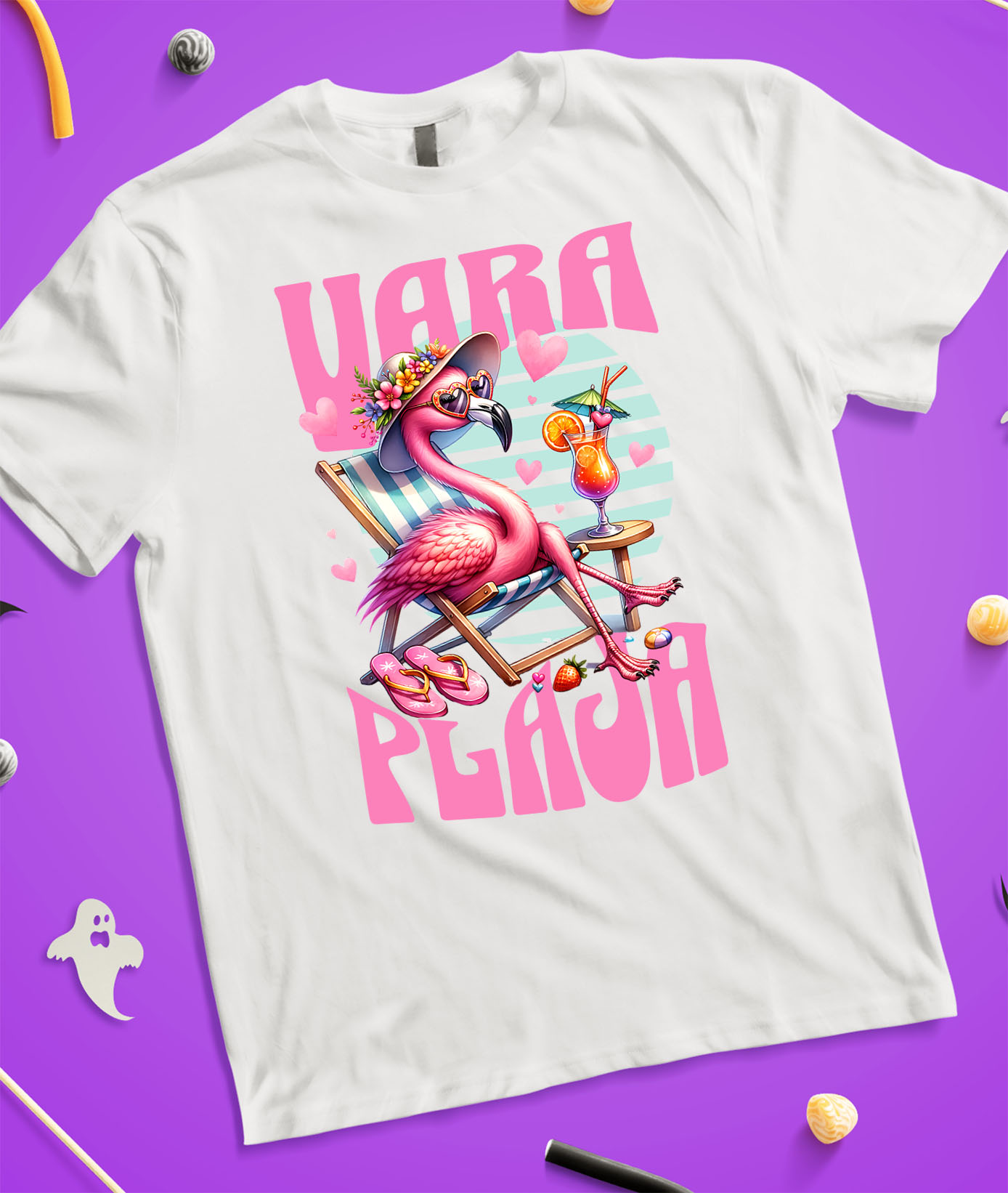 Tricou Femei, Barbati, Copii, Fata, Baiat, Unisex Personalizat "Produse personalizate pentru vară – Flamingo roz cu pălărie florală și cocktail pentru vacanță la plajă" [2]