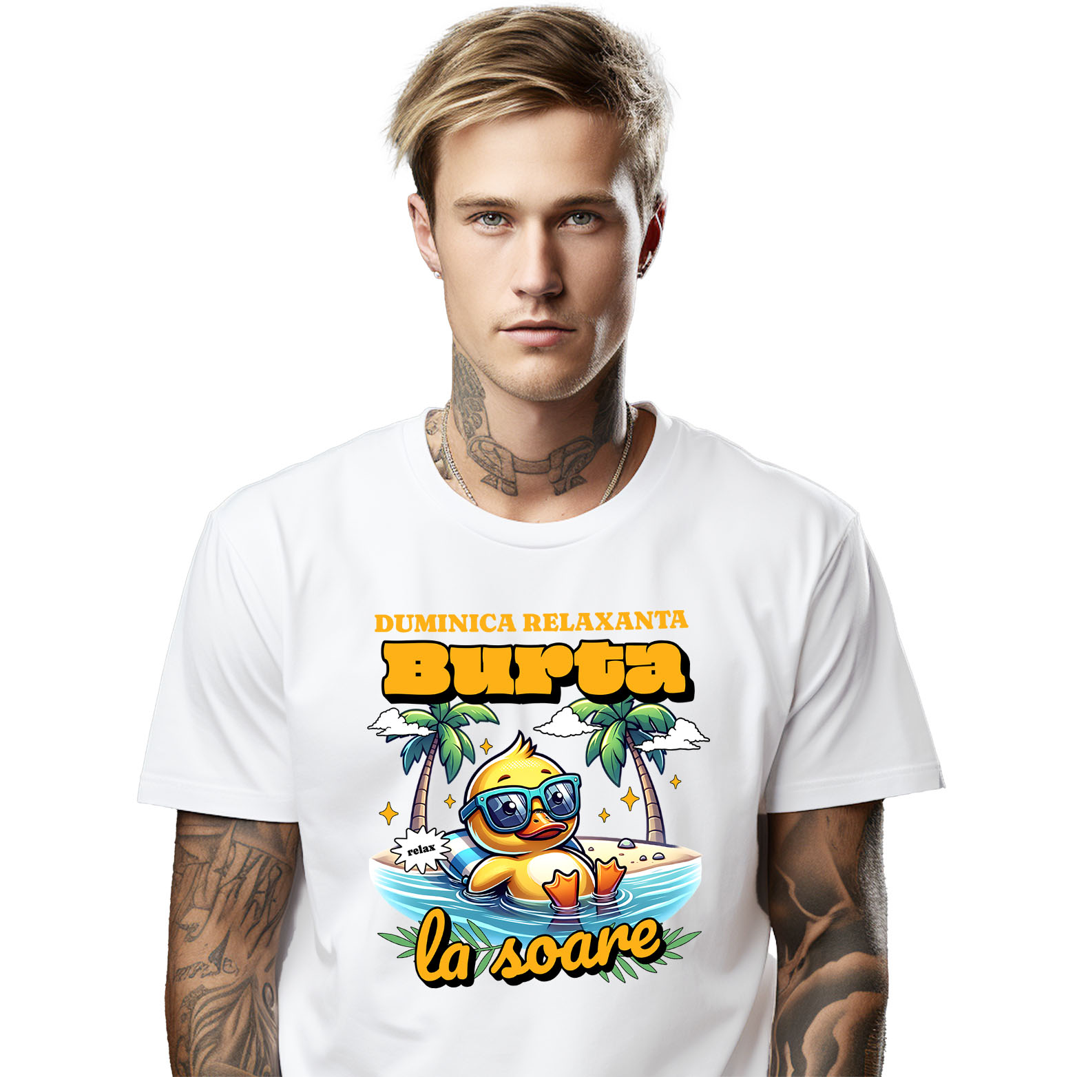 Tricou Femei, Barbati, Copii, Fata, Baiat, Unisex Personalizat "Produse personalizate pentru vacanță – Rățușca galbenă cu ochelari de soare la plajă în apă"