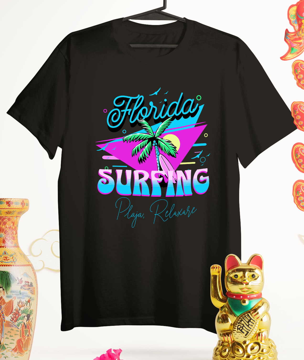 Tricou Femei, Barbati, Copii, Fata, Baiat, Unisex Personalizat "Produse personalizate pentru vacanță – Palmier cu nuci de cocos și placă de surf în Florida pentru surfing" [2]