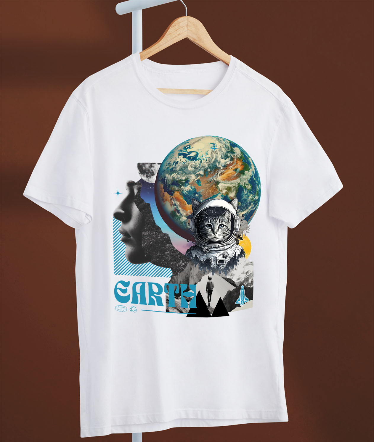 Tricou Femei, Barbati, Copii, Fata, Baiat, Unisex Personalizat "Produse personalizate de artă – Chip uman, planetă Pământ, Lună, pisică spațială și rachetă" [2]