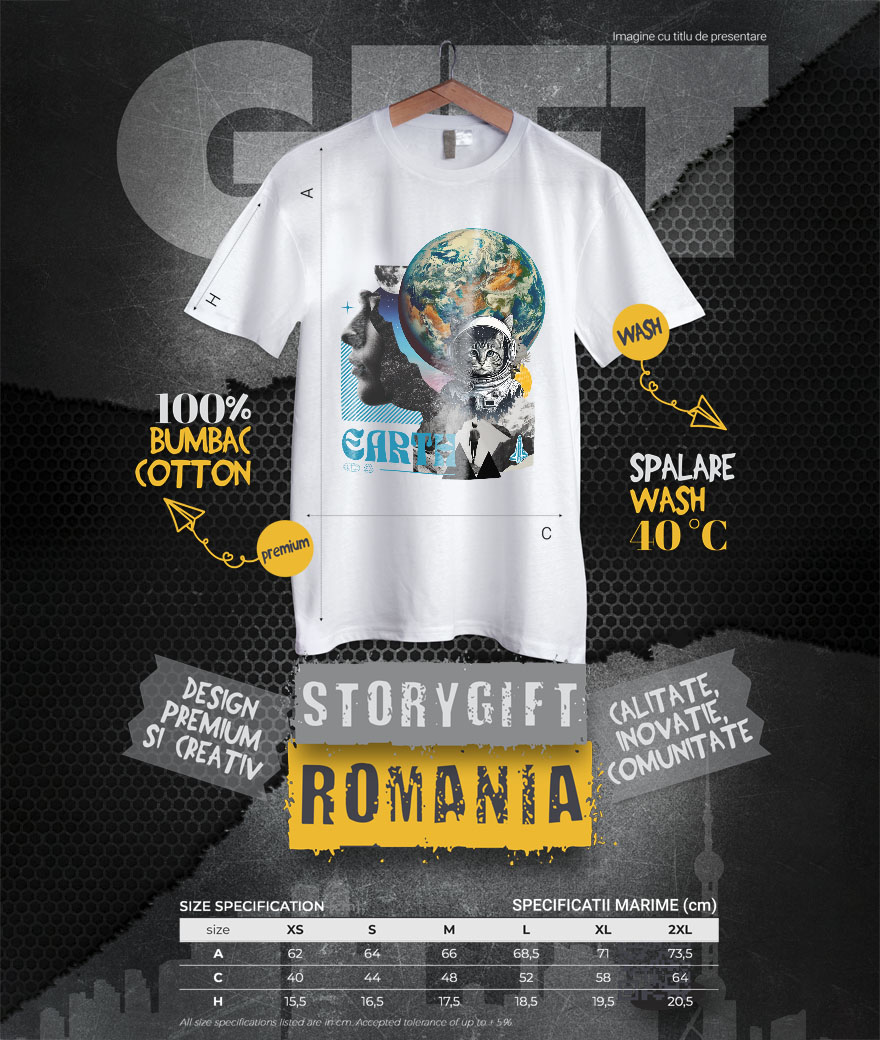 Tricou Femei, Barbati, Copii, Fata, Baiat, Unisex Personalizat "Produse personalizate de artă – Chip uman, planetă Pământ, Lună, pisică spațială și rachetă" [3]