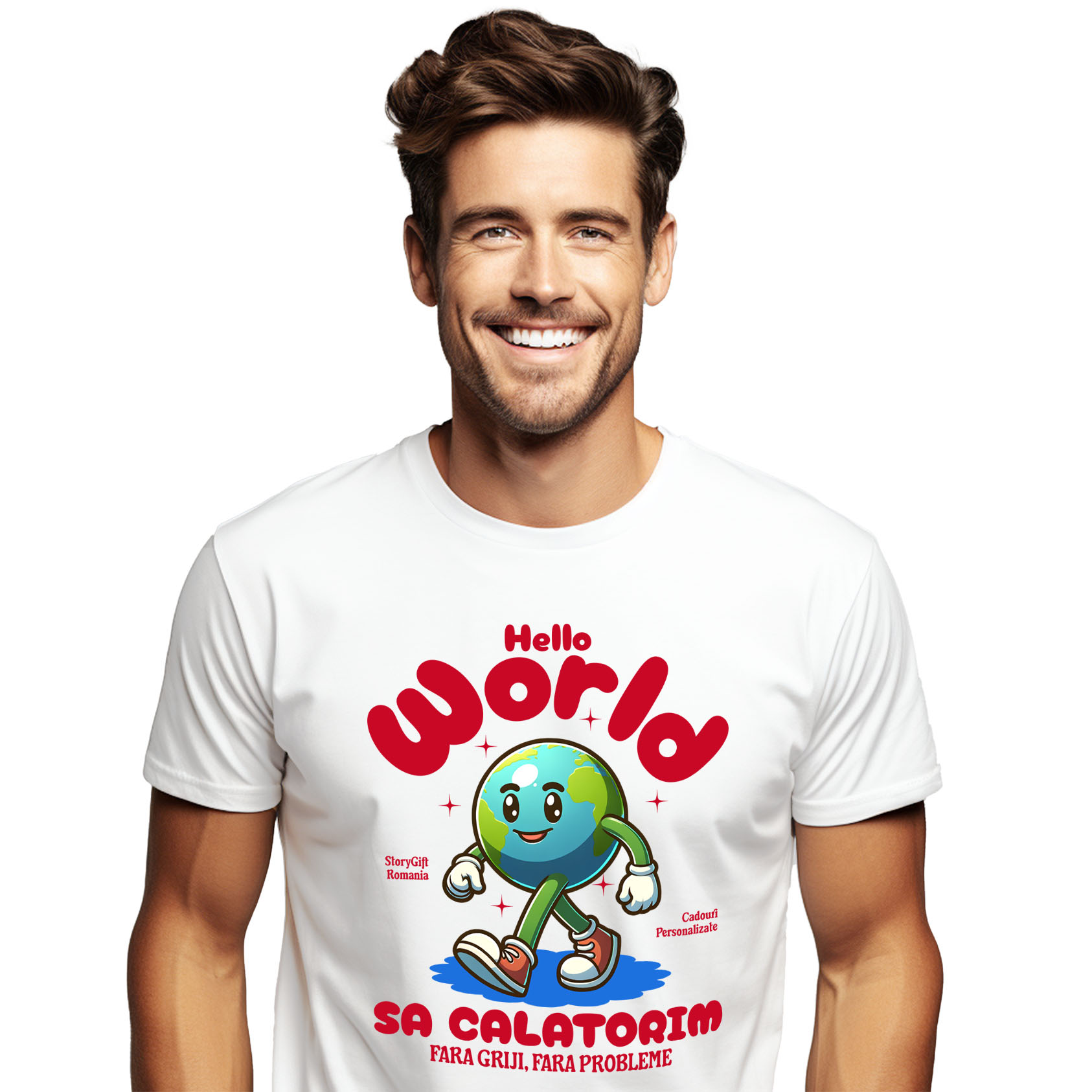 Planeta - Tricou Femei, Barbati, Copii, Fata, Baiat, Unisex Personalizat "Produse personalizate pentru călătorii – Pământ animat cu adidași roșii și text Hello World"