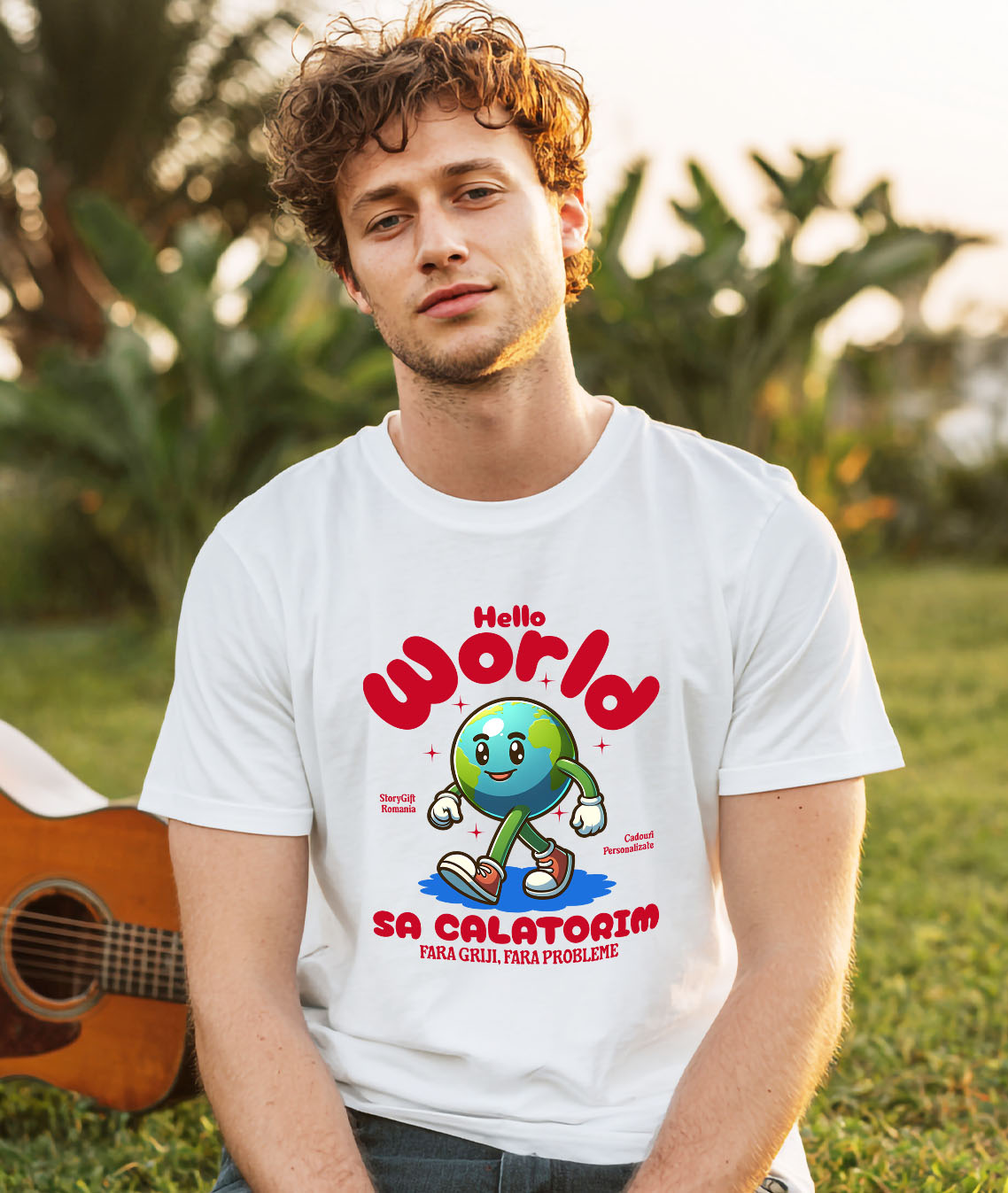 Tricou Femei, Barbati, Copii, Fata, Baiat, Unisex Personalizat "Produse personalizate pentru călătorii – Pământ animat cu adidași roșii și text Hello World" [1]