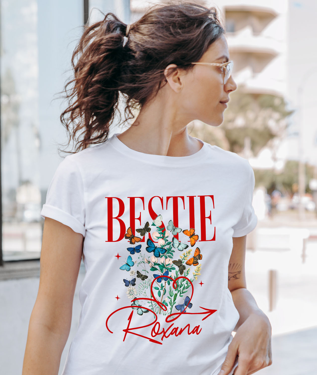 Tricou Femei, Barbati, Copii, Fata, Baiat, Unisex Personalizat "Inima Roșie cu Fluturi Colorați și Plante Verzi - Cadouri Personalizate pentru Valentine's Day și Dragobete" [1]
