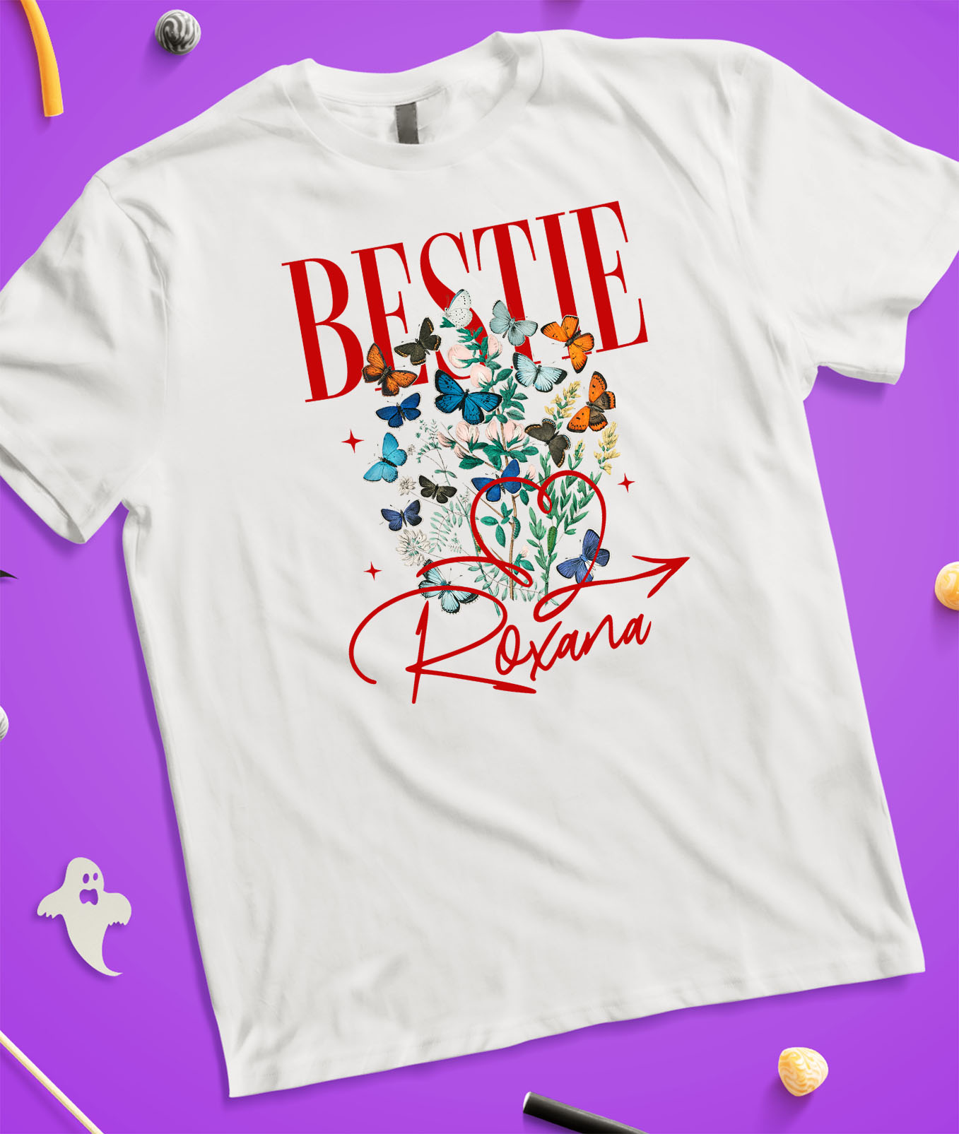 Tricou Femei, Barbati, Copii, Fata, Baiat, Unisex Personalizat "Inima Roșie cu Fluturi Colorați și Plante Verzi - Cadouri Personalizate pentru Valentine's Day și Dragobete" [2]