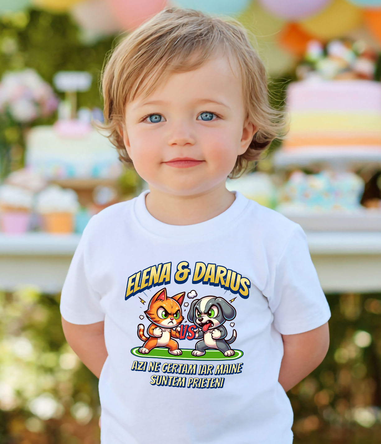 Tricou Femei, Barbati, Copii, Fata, Baiat, Unisex Personalizat "Pisica și Câine Luptă Box - Cadou Haios pentru Elena & Darius, Certuri și Prietenie" [3]