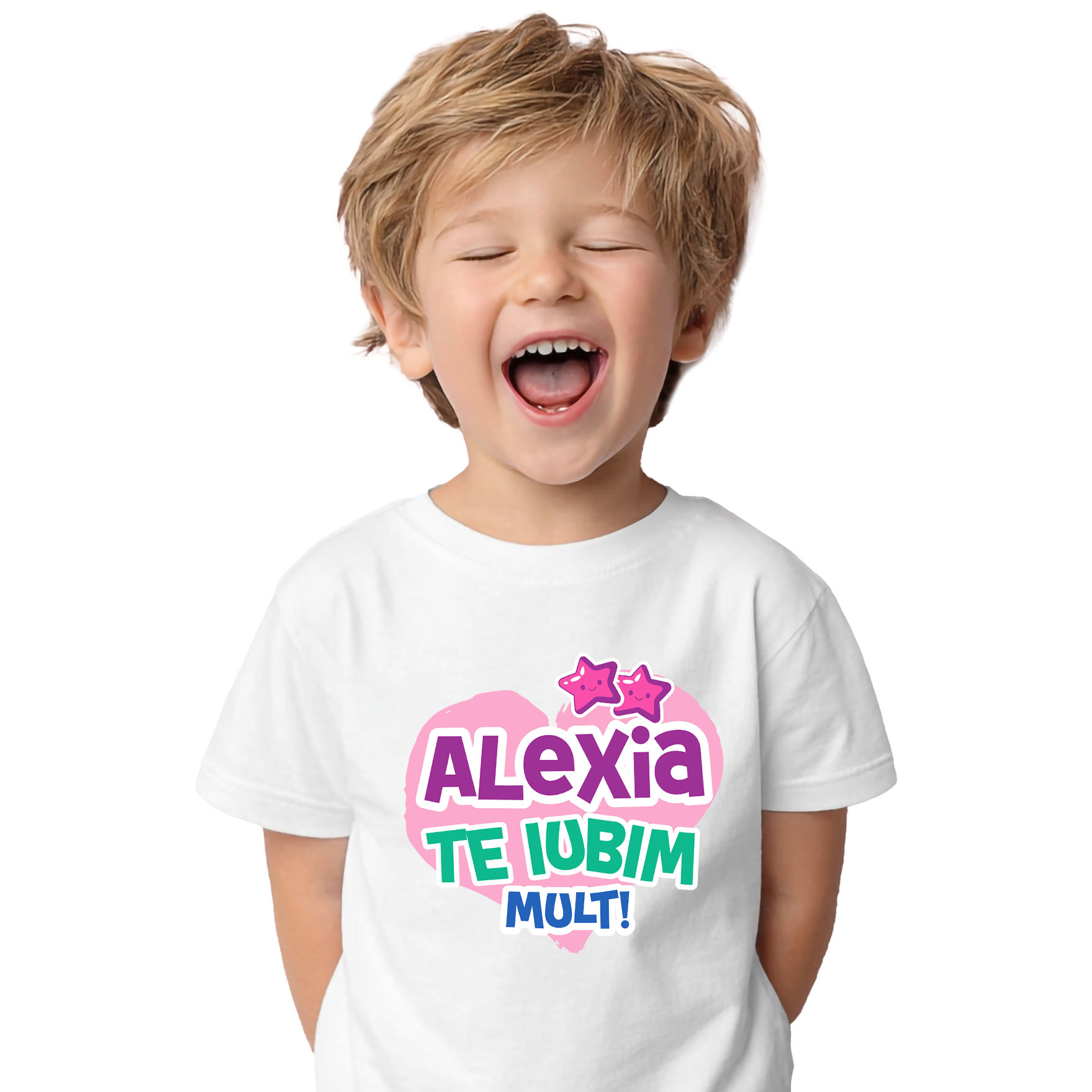 Tricou Femei, Barbati, Copii, Fata, Baiat, Unisex Personalizat "Inima Roz cu Stele Zâmbitoare - Cadou Personalizat pentru Alexia, Dragoste și Valentine's Day" [1]