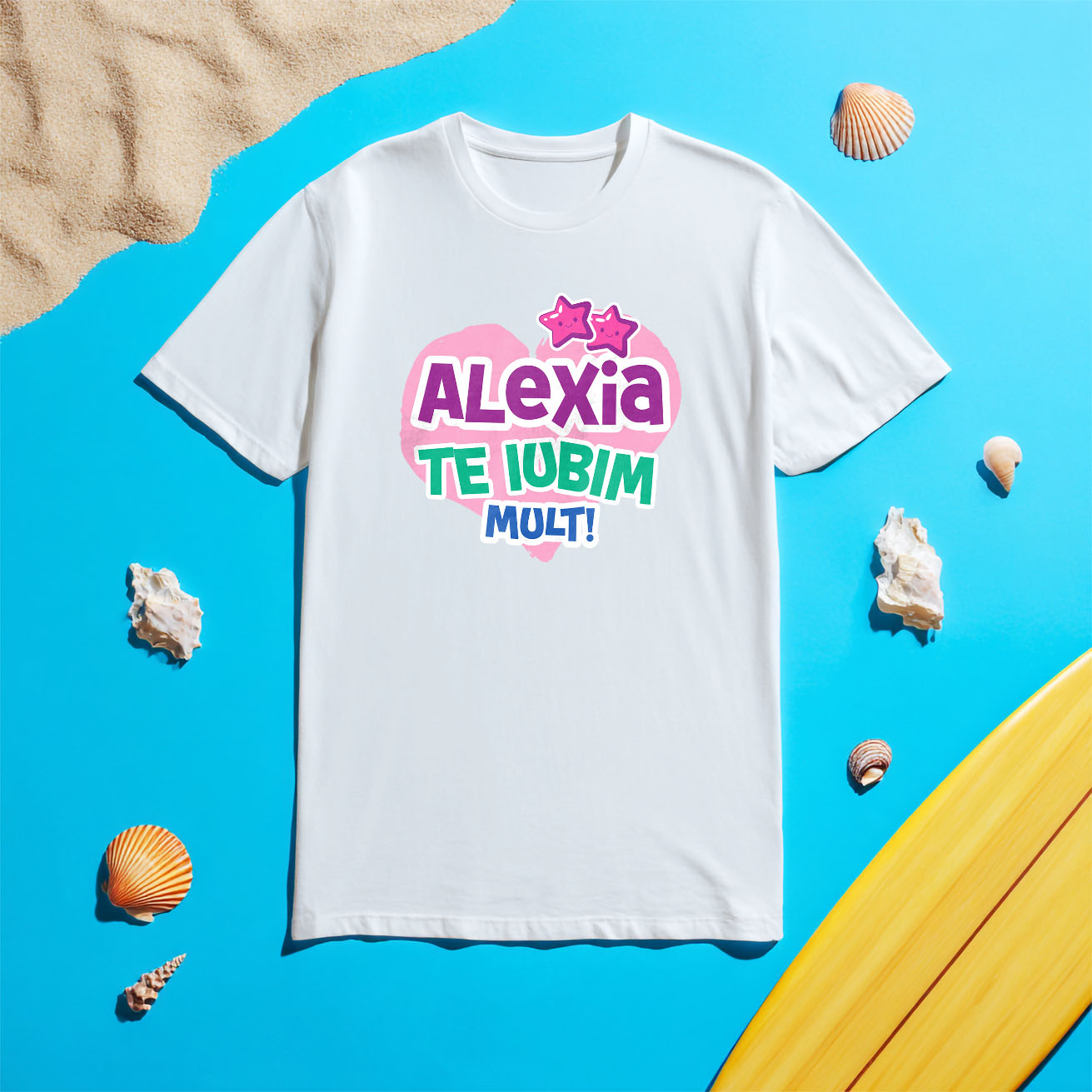 Tricou Femei, Barbati, Copii, Fata, Baiat, Unisex Personalizat "Inima Roz cu Stele Zâmbitoare - Cadou Personalizat pentru Alexia, Dragoste și Valentine's Day" [4]