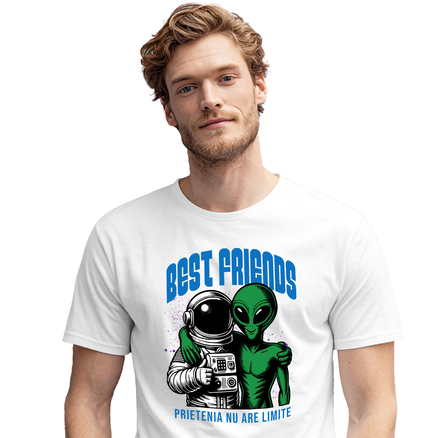 Prieteni - Tricou Femei, Barbati, Copii, Fata, Baiat, Unisex Personalizat "Costum Astronaut Extraterestru Verde - Cei Mai Buni Prieteni Fără Limite în Galaxie"