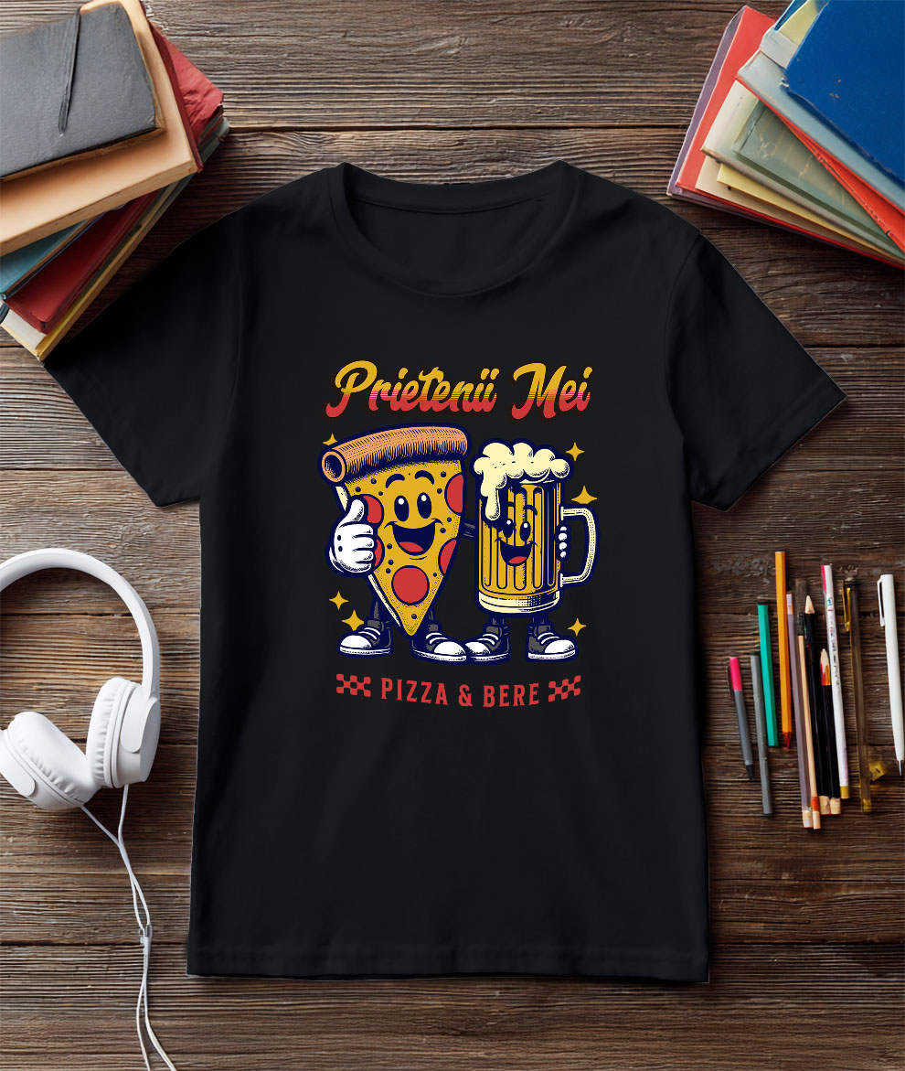 Tricou Femei, Barbati, Copii, Fata, Baiat, Unisex Personalizat "Felie De Pizza și Halba Bere - Cei Mai Buni Prieteni, Dragoste și Iubire" [2]