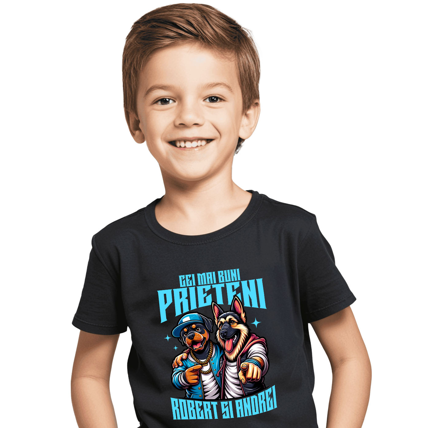 Prieteni - Tricou Femei, Barbati, Copii, Fata, Baiat, Unisex Personalizat "Câine Rottweiler și Ciobanesc German Imbrățișare - Cei Mai Buni Prieteni Robert și Andrei"