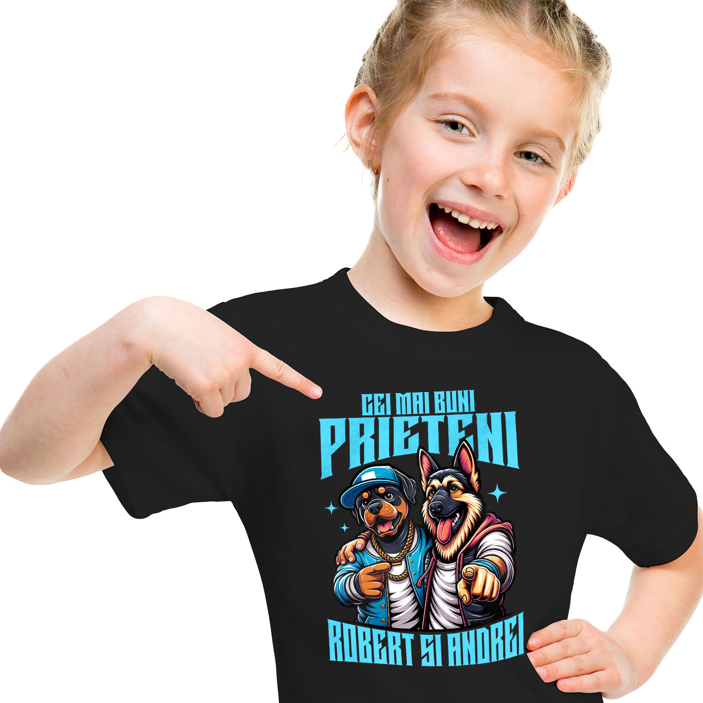 Tricou Femei, Barbati, Copii, Fata, Baiat, Unisex Personalizat "Câine Rottweiler și Ciobanesc German Imbrățișare - Cei Mai Buni Prieteni Robert și Andrei" [1]