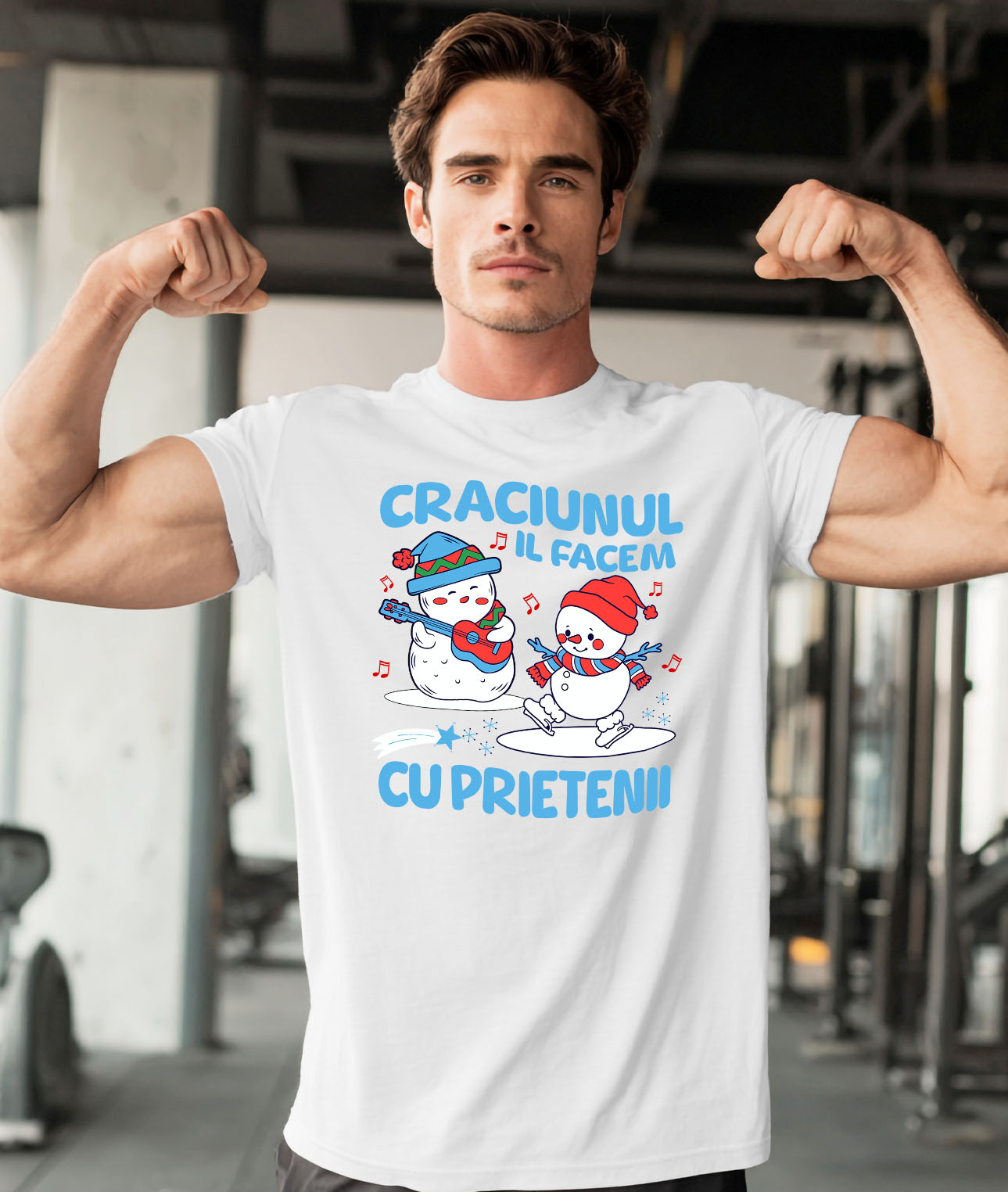 Tricou Femei, Barbati, Copii, Fata, Baiat, Unisex Personalizat Crăciun cu prietenii – Cadouri personalizate cu oameni de zăpadă, patinaj și cântăreț la chitară [1]