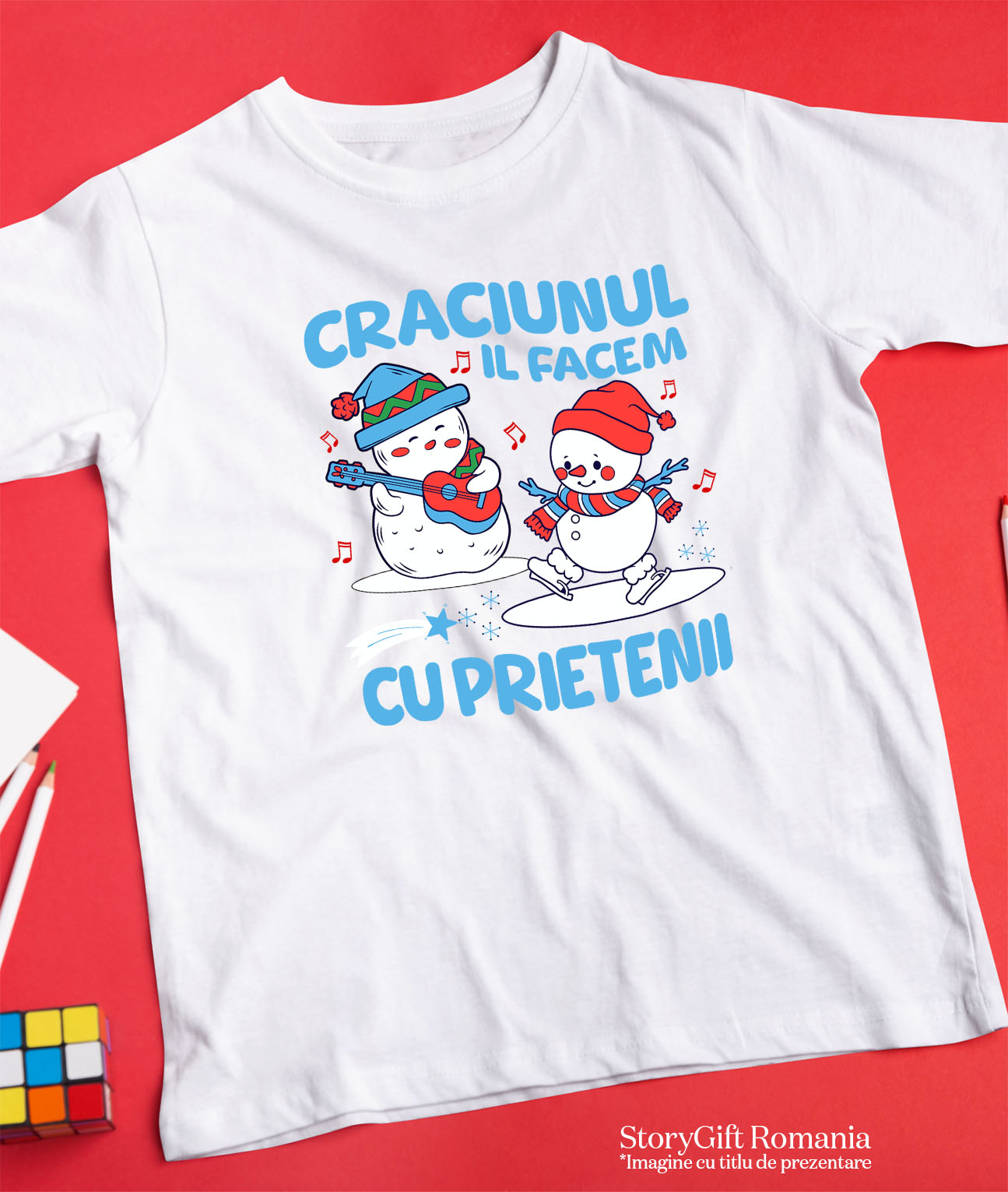 Tricou Femei, Barbati, Copii, Fata, Baiat, Unisex Personalizat Crăciun cu prietenii – Cadouri personalizate cu oameni de zăpadă, patinaj și cântăreț la chitară [2]