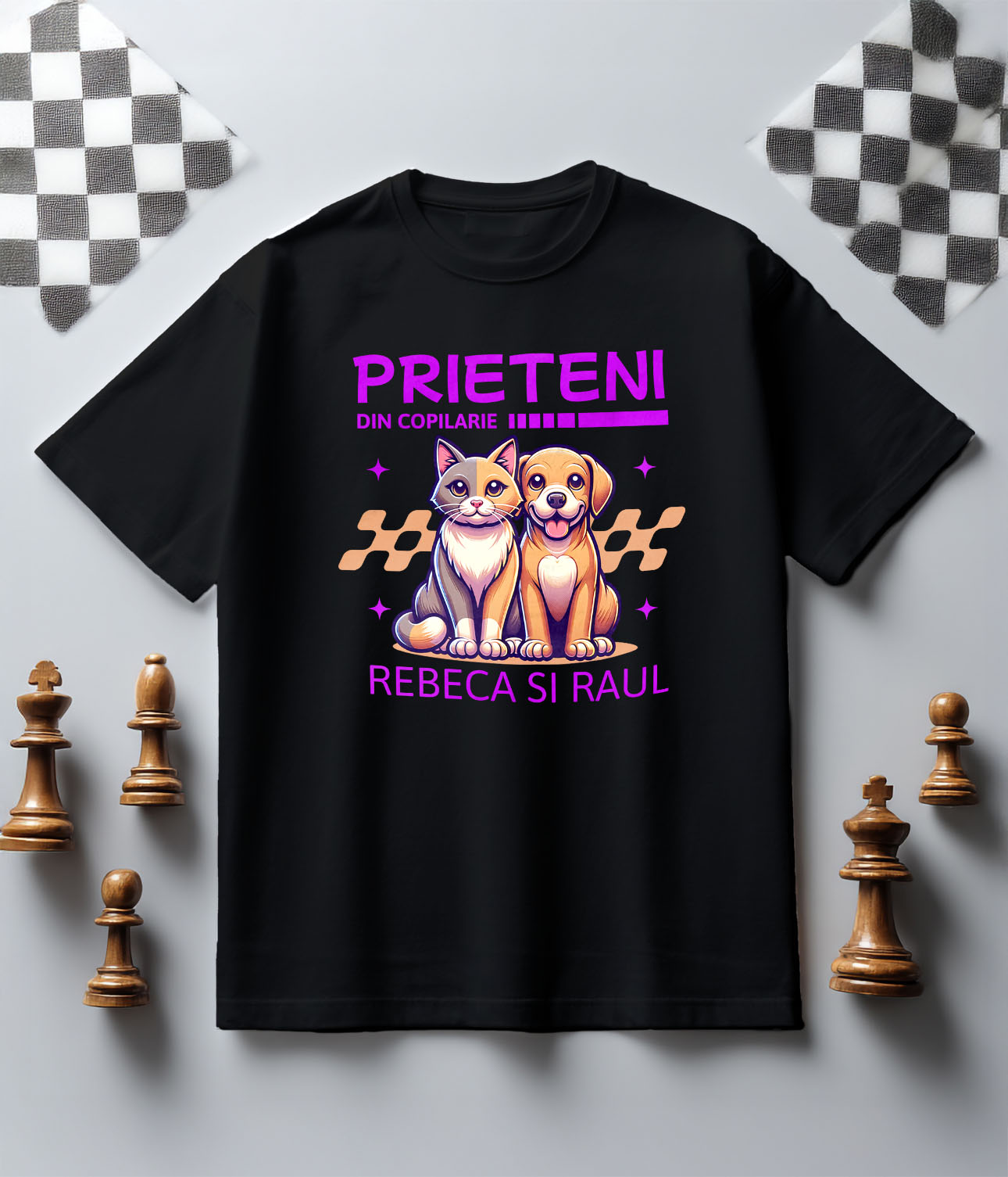 Tricou Femei, Barbati, Copii, Fata, Baiat, Unisex Personalizat Cadouri personalizate prieteni și familie – Portret cu pisica și câine pentru Rebeca și Paul [4]