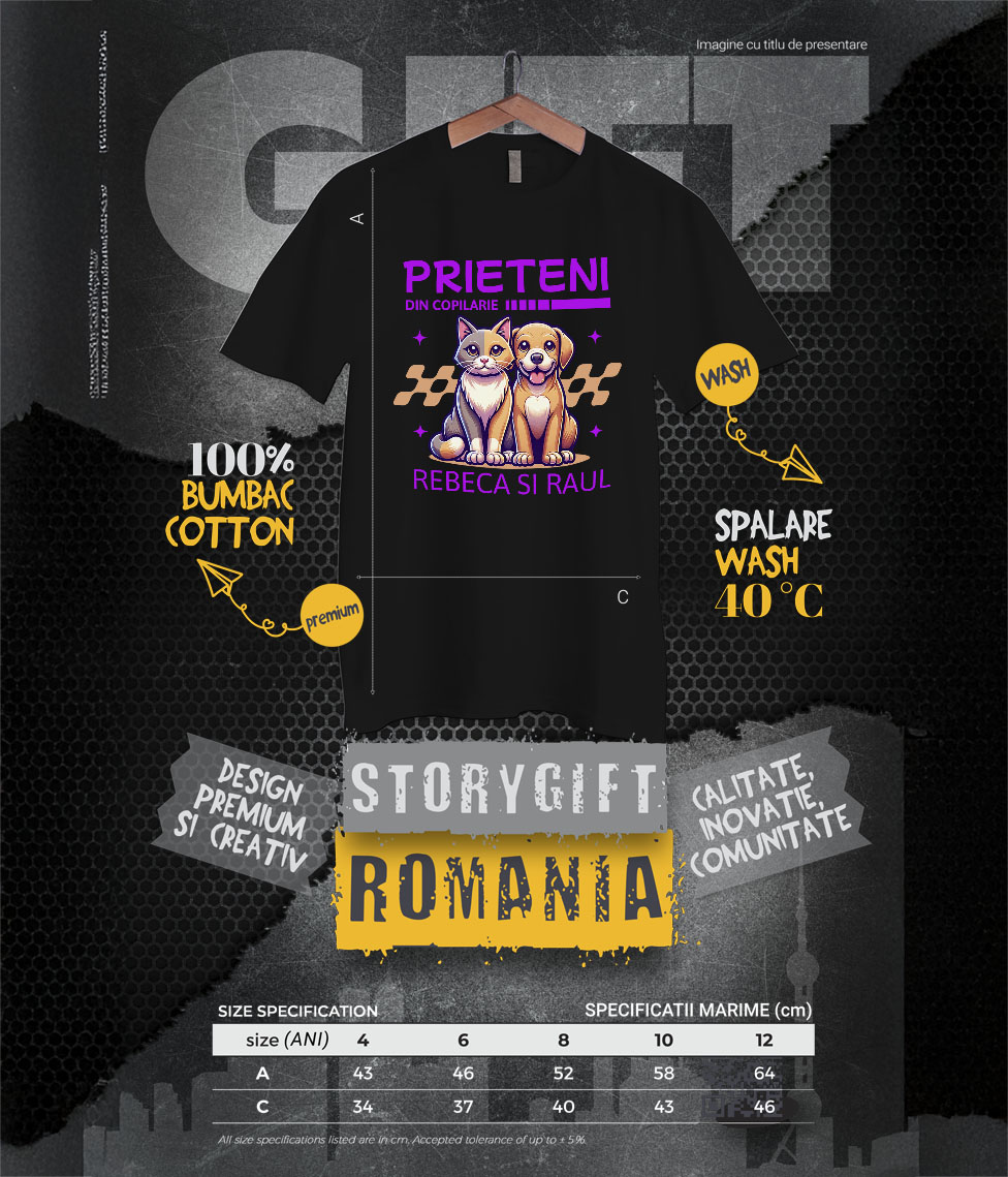 Tricou Femei, Barbati, Copii, Fata, Baiat, Unisex Personalizat Cadouri personalizate prieteni și familie – Portret cu pisica și câine pentru Rebeca și Paul [5]
