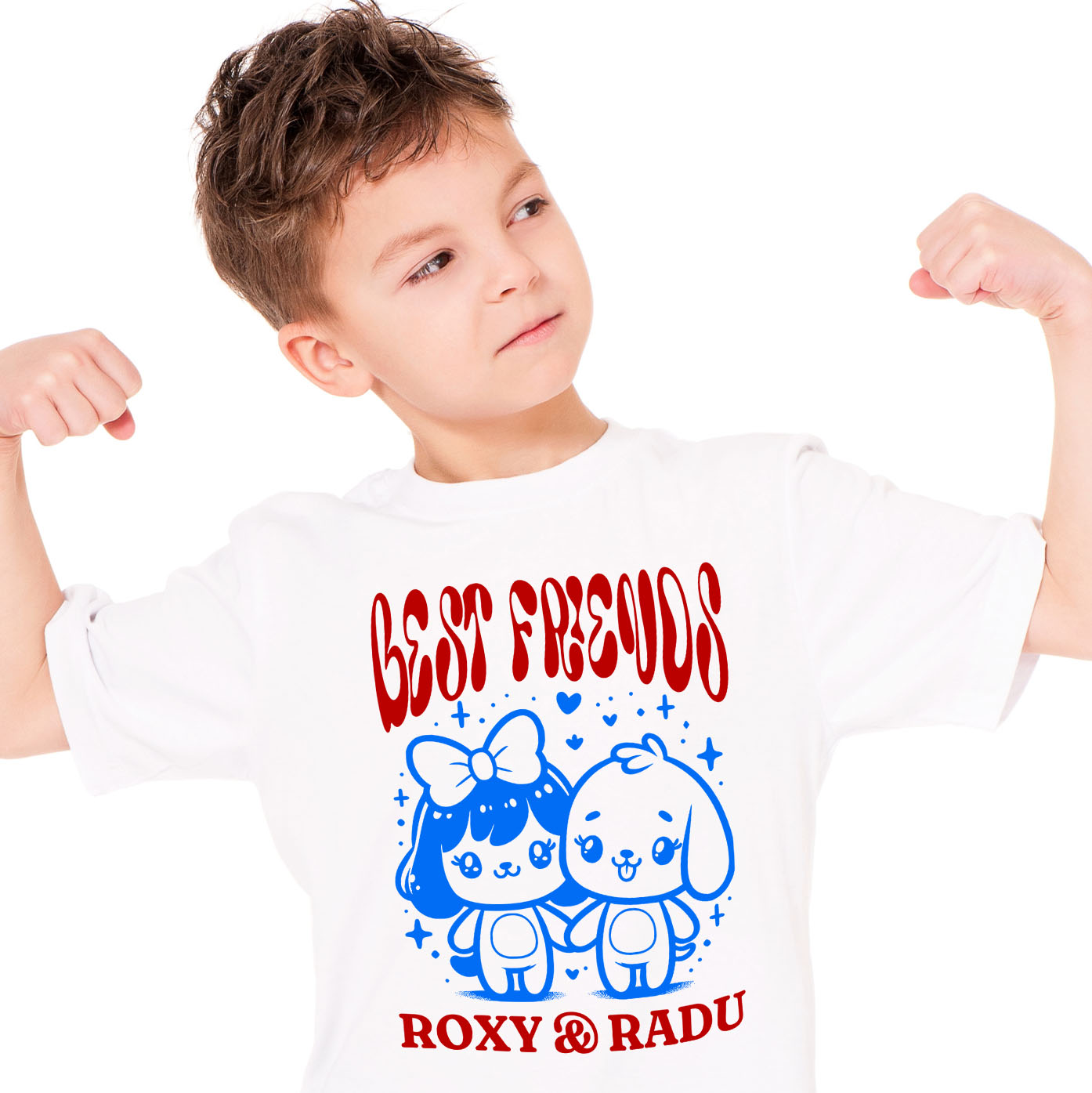 Tricou Femei, Barbati, Copii, Fata, Baiat, Unisex Personalizat Cadouri personalizate – Fata cu fundă și câinele Best Friends Roxy și Radu