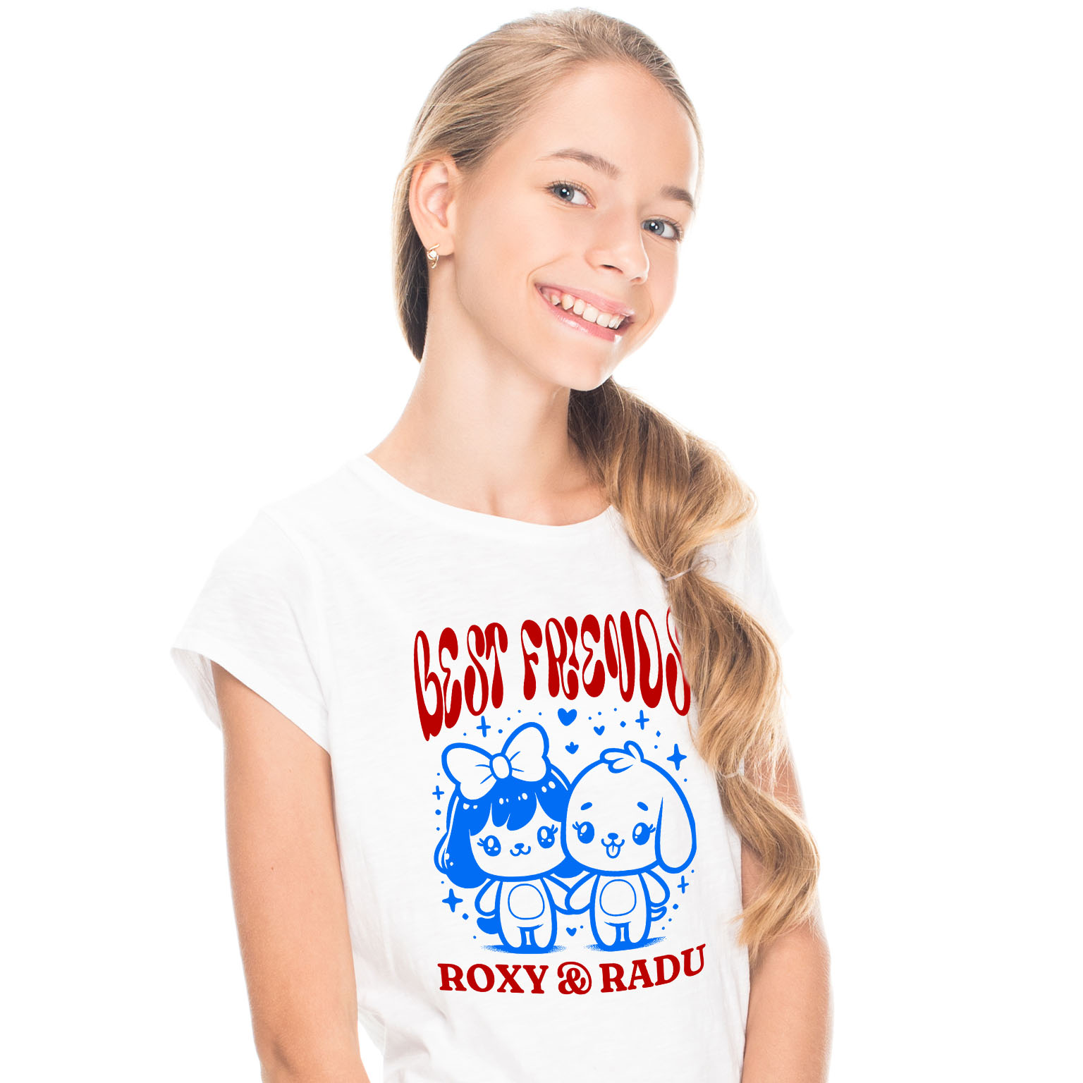 Tricou Femei, Barbati, Copii, Fata, Baiat, Unisex Personalizat Cadouri personalizate – Fata cu fundă și câinele Best Friends Roxy și Radu [1]