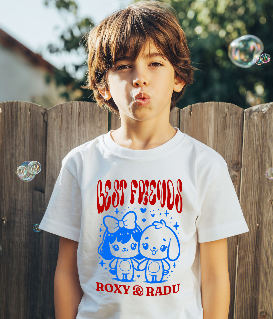 Tricou Femei, Barbati, Copii, Fata, Baiat, Unisex Personalizat Cadouri personalizate – Fata cu fundă și câinele Best Friends Roxy și Radu [2]