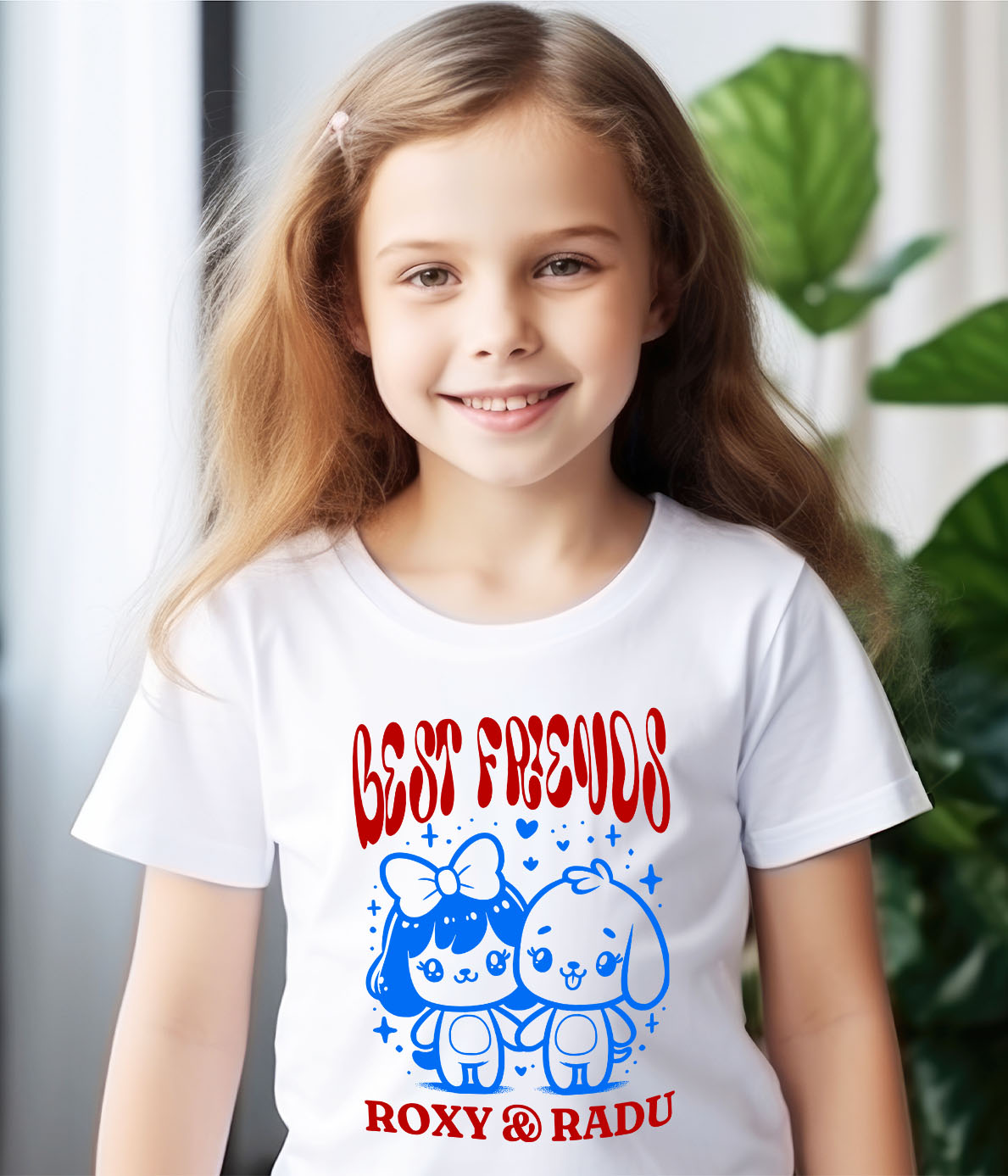 Tricou Femei, Barbati, Copii, Fata, Baiat, Unisex Personalizat Cadouri personalizate – Fata cu fundă și câinele Best Friends Roxy și Radu [3]