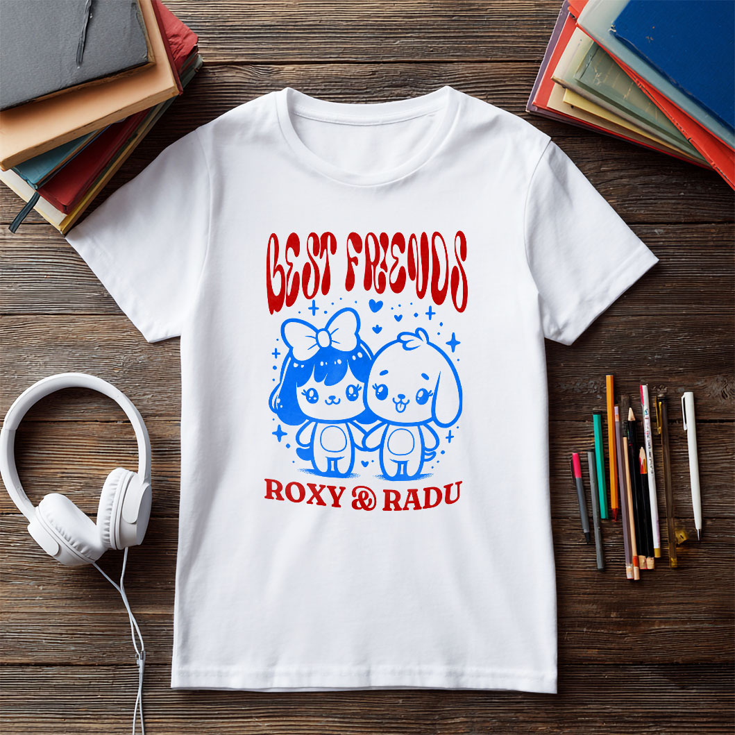Tricou Femei, Barbati, Copii, Fata, Baiat, Unisex Personalizat Cadouri personalizate – Fata cu fundă și câinele Best Friends Roxy și Radu [4]