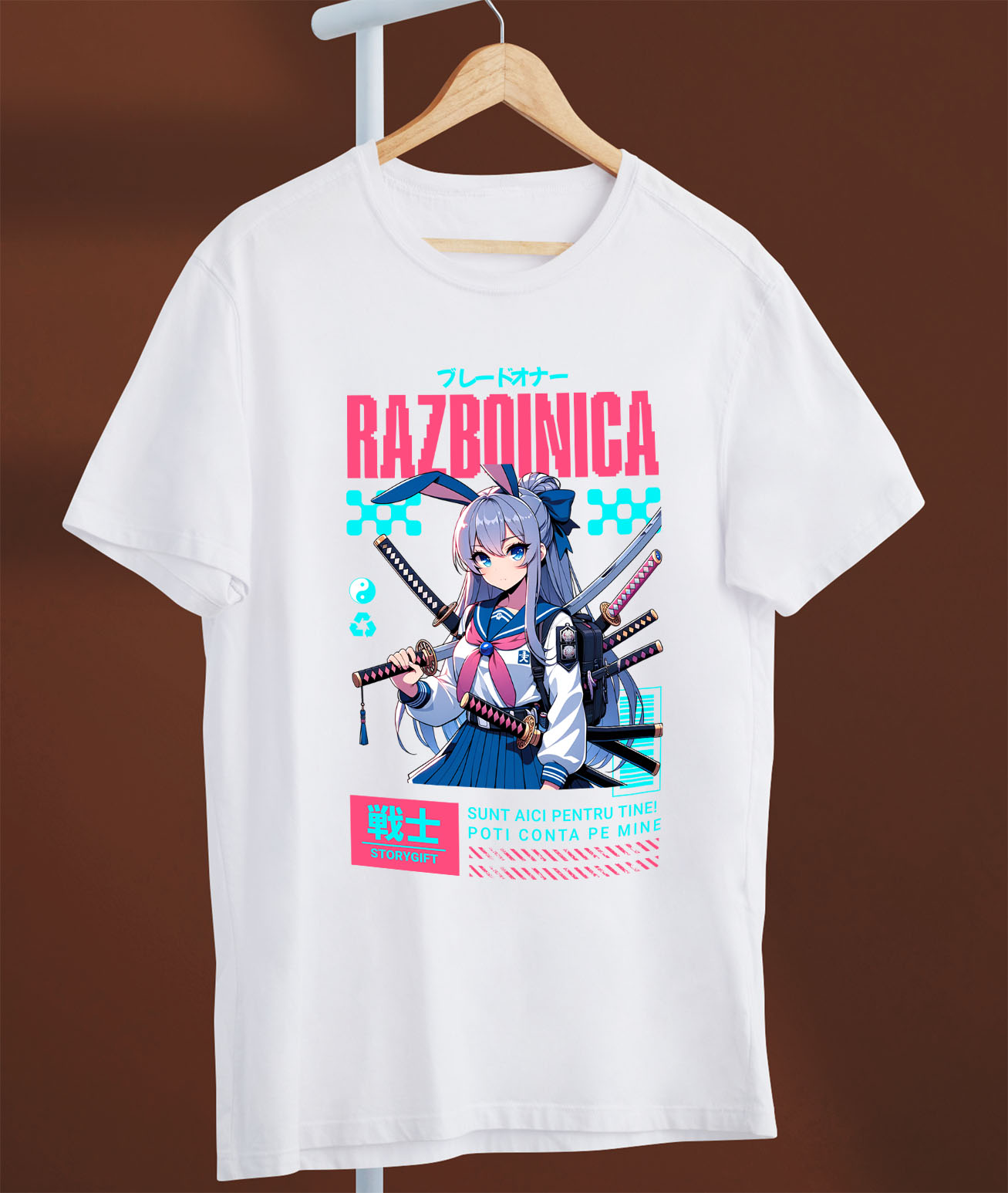 Tricou Femei, Barbati, Copii, Fata, Baiat, Unisex Personalizat Cadouri personalizate – Fata stil asiatic cu sabii ninja și mesaj inspirațional [2]