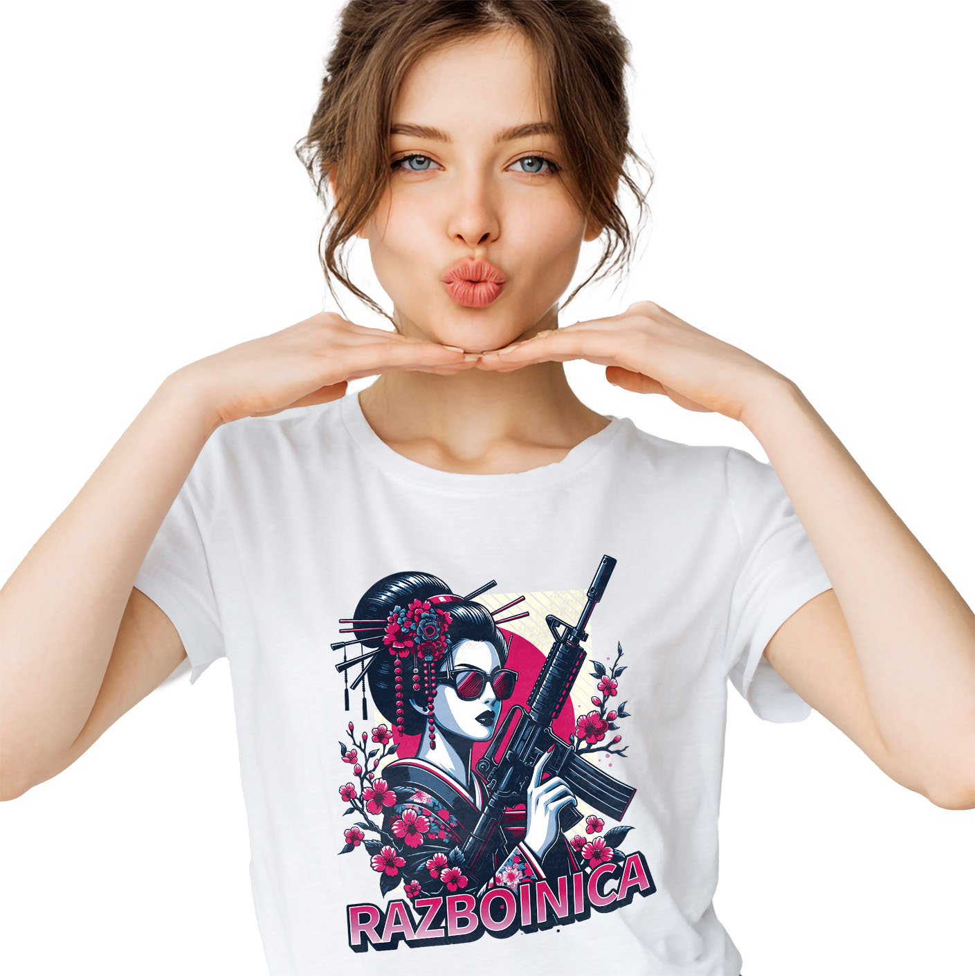 Razboinic - Tricou Femei, Barbati, Copii, Fata, Baiat, Unisex Personalizat Fata Asiatica cu Mitralieră și Flori Roz – Războinică Personalizată