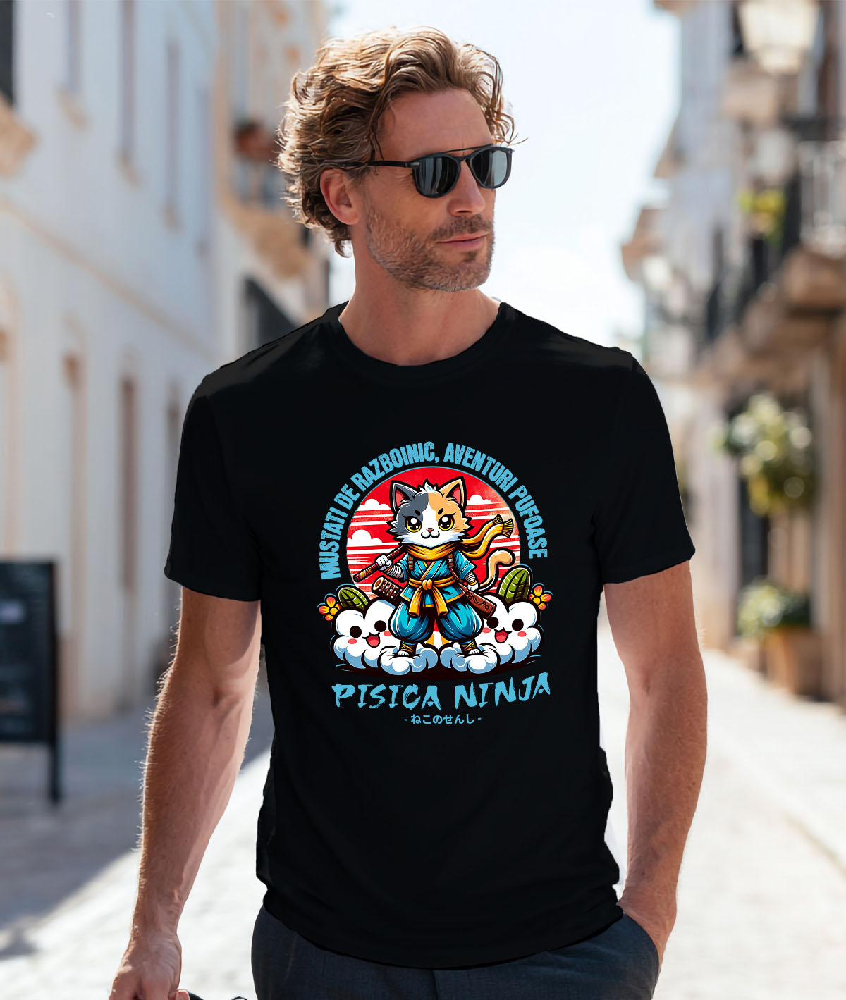 Tricou Femei, Barbati, Copii, Fata, Baiat, Unisex Personalizat Pisică Ninja Colorată cu Mustăți de Războinic – Aventuri Pufoase pe Nori [1]