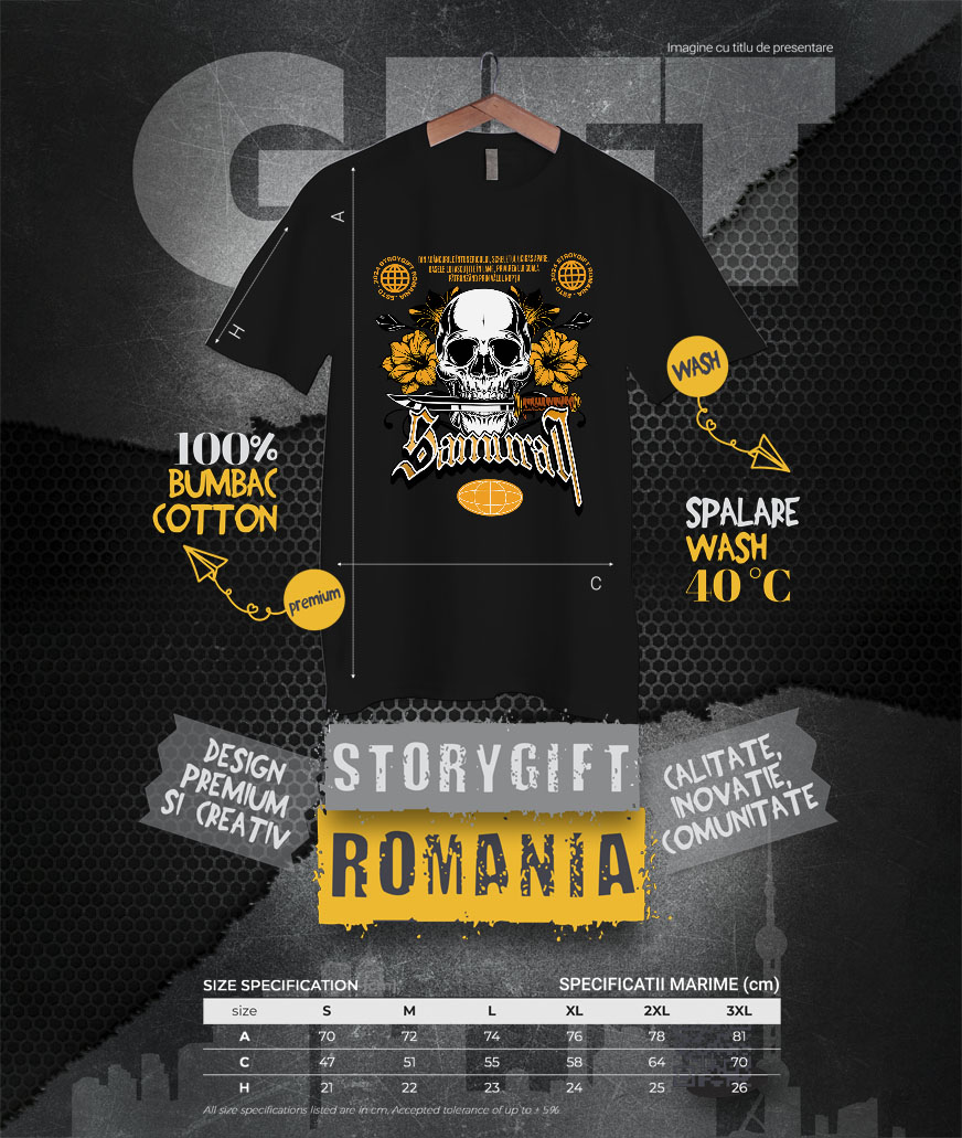 Tricou Femei, Barbati, Copii, Fata, Baiat, Unisex Personalizat Craniu Uman cu Cuțit și Flori Colorate – Design Samurai și Războinici [3]