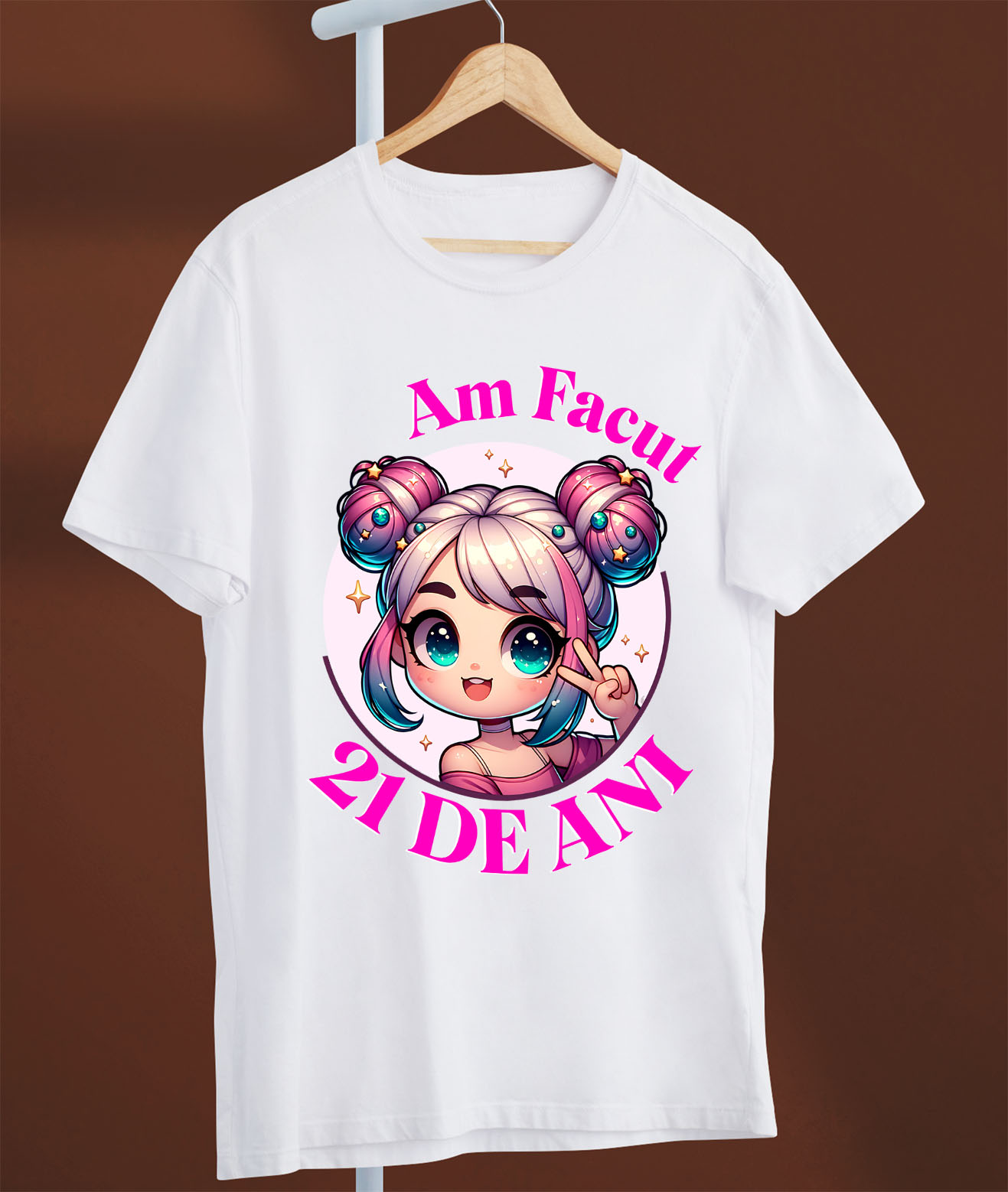 Tricou Femei, Barbati, Copii, Fata, Baiat, Unisex Personalizat Fata Anime cu Par Roz – Petrecere de 21 de Ani și Aniversare Copii [2]