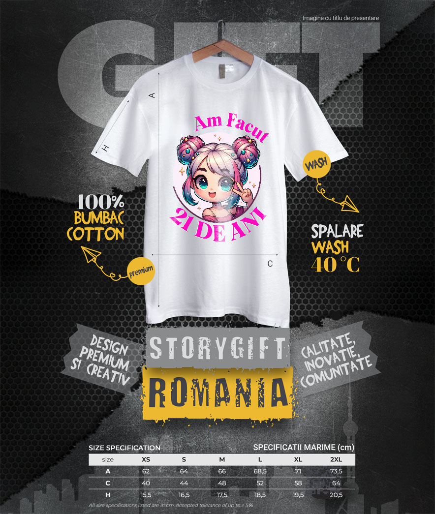 Tricou Femei, Barbati, Copii, Fata, Baiat, Unisex Personalizat Fata Anime cu Par Roz – Petrecere de 21 de Ani și Aniversare Copii [3]